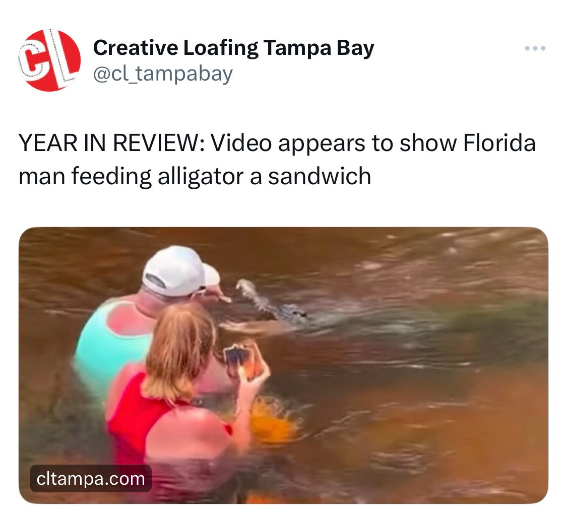 A screenshot for an embedded-video tweet from Creative Loafing Tampa Bay: "YEAR IN REVIEW: Video appears to show Florida man feeding alligator a sandwich."