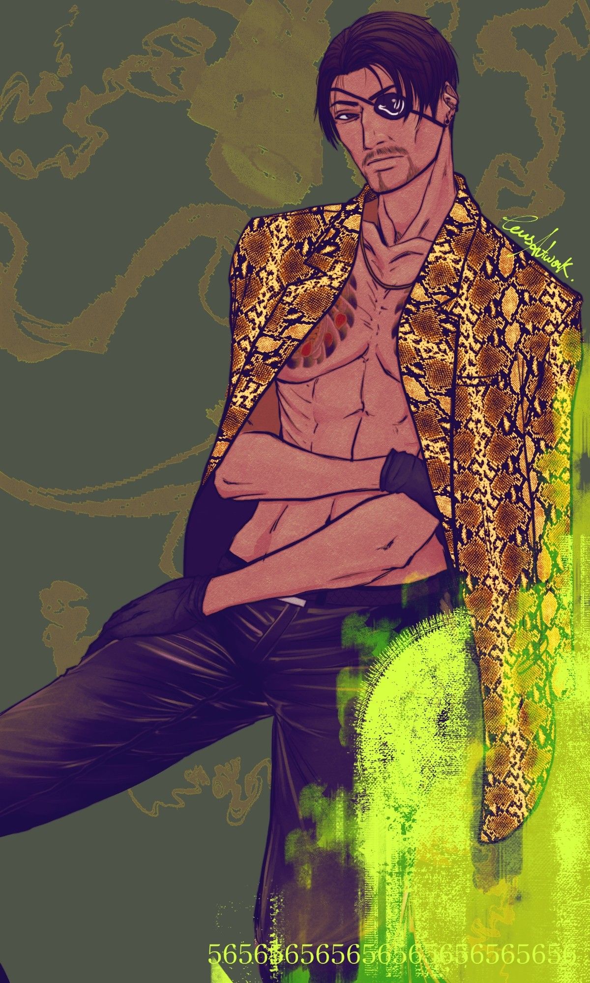 Goro Majima, from the Yakuza series. He's a tall man with an eye patch, that has a snake motif. His jacket is a yellow snakeskin leather, placed over his shoulders, black pants and gloves, a goatee and short black hair. He has a tattoo on his chest.