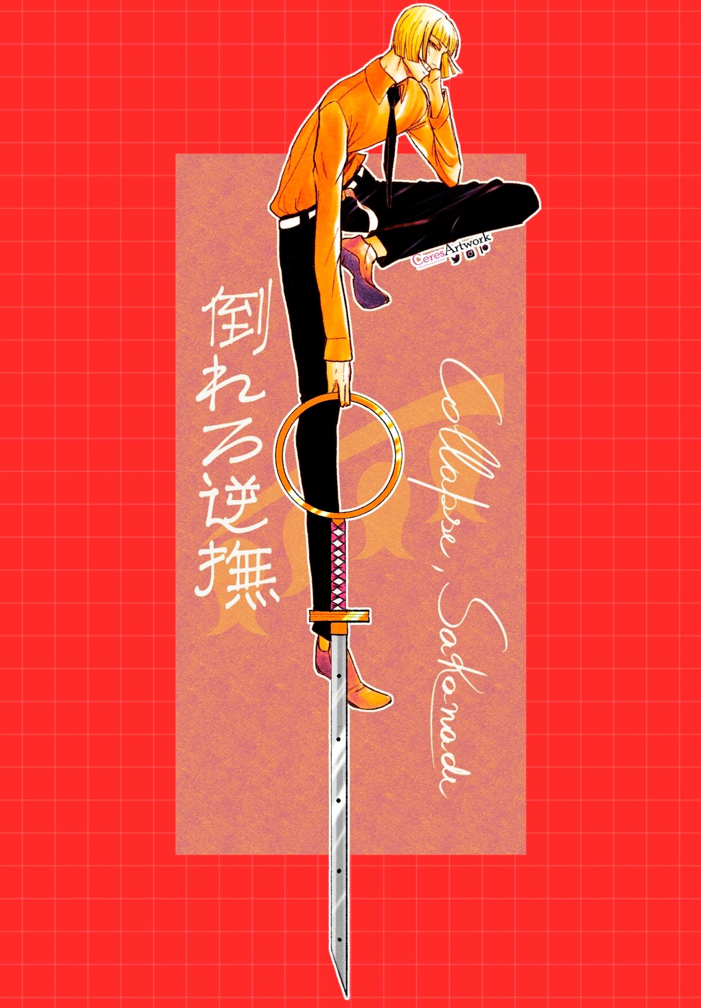 Shinji Hirako from Bleach. He's holding his sword. He has a big grin, short blonde hair, orange shirt and black pants. By his side, his power words written in english and japanese: collapse, Sakanade.