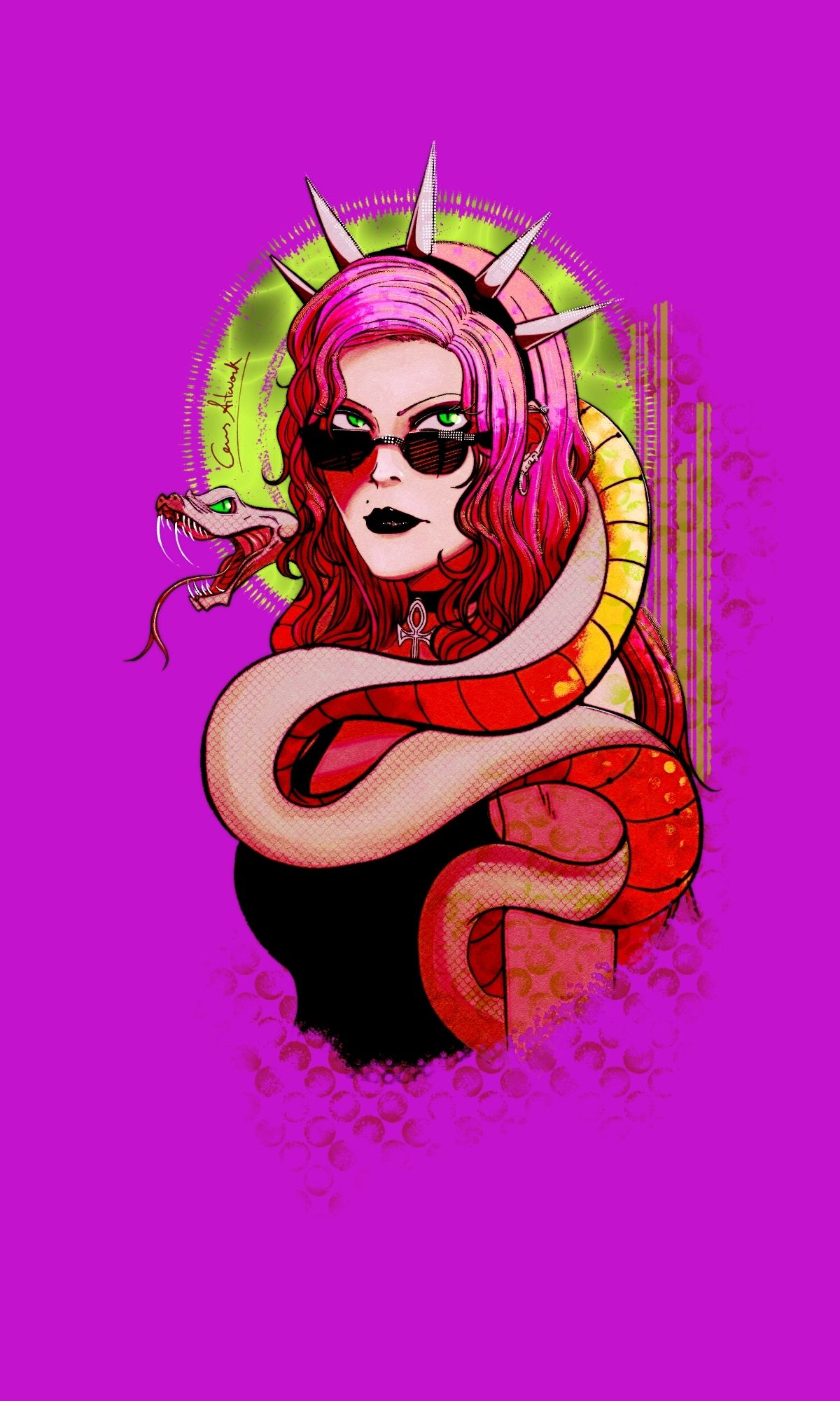 Pink hair lady with a spike tiara and a white snake around her neck. She has sunglasses and bright green eyes, like the snake. Black lipstick and tank top, and a beauty mark next to her lips.