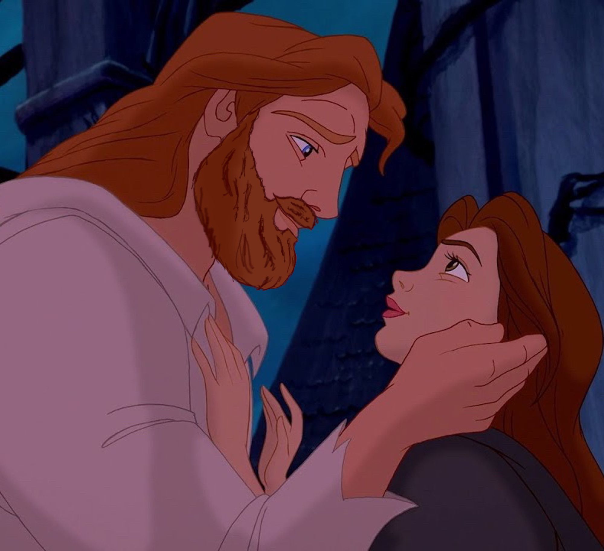 proof of concept with human beast with a beard. edited screencap of beauty and the beast. belle is looking up at the prince who was the beast. cartoon