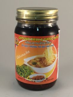 Plastic-sealed jar of Double Seahorse ground chili & garlic in oil
