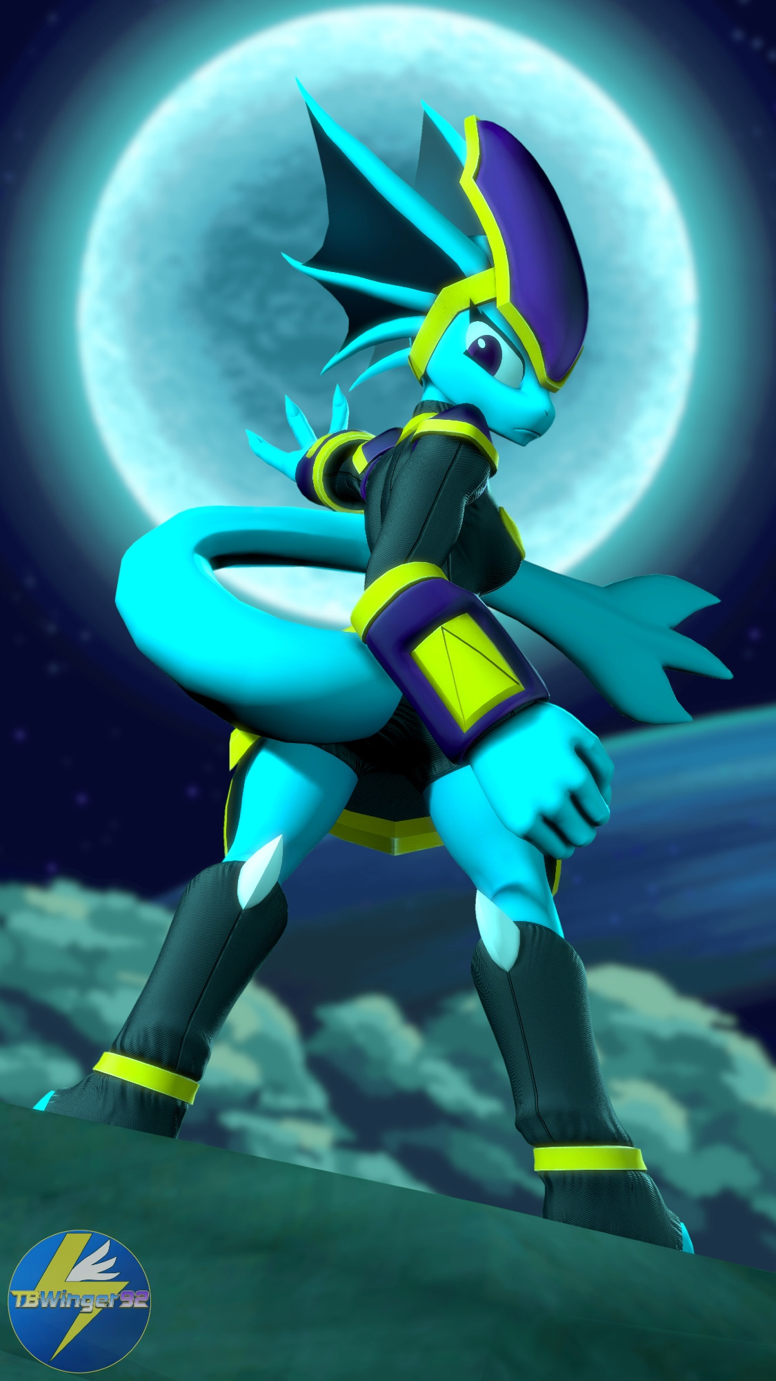 3D render of Merga the Water Dragon from Freedom Planet 2 posing on top of a cliff. A moon, the Kingdom Spiral, and a bunch of clouds can be seen in the background.
Based on one of the early Freedom Planet 2 promo artworks.