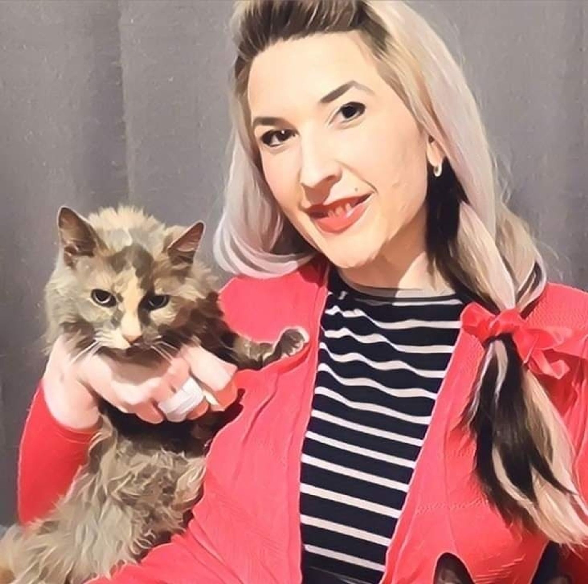 Me and Musette. Small tortoishell cat on my right arm, female with long blonde hair in a plait with pink cardigan and navy and white striped dresss for a 'family portrait' image in The Indiana Lawyer newspaper article about ILS Immigration to the US