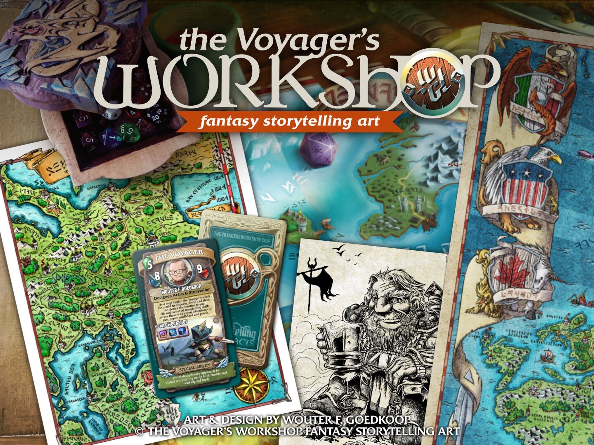 The Voyager’s Workshop logo and a selection of artwork samples, including fantasy maps, cards, character portrait art and a custom dice box.