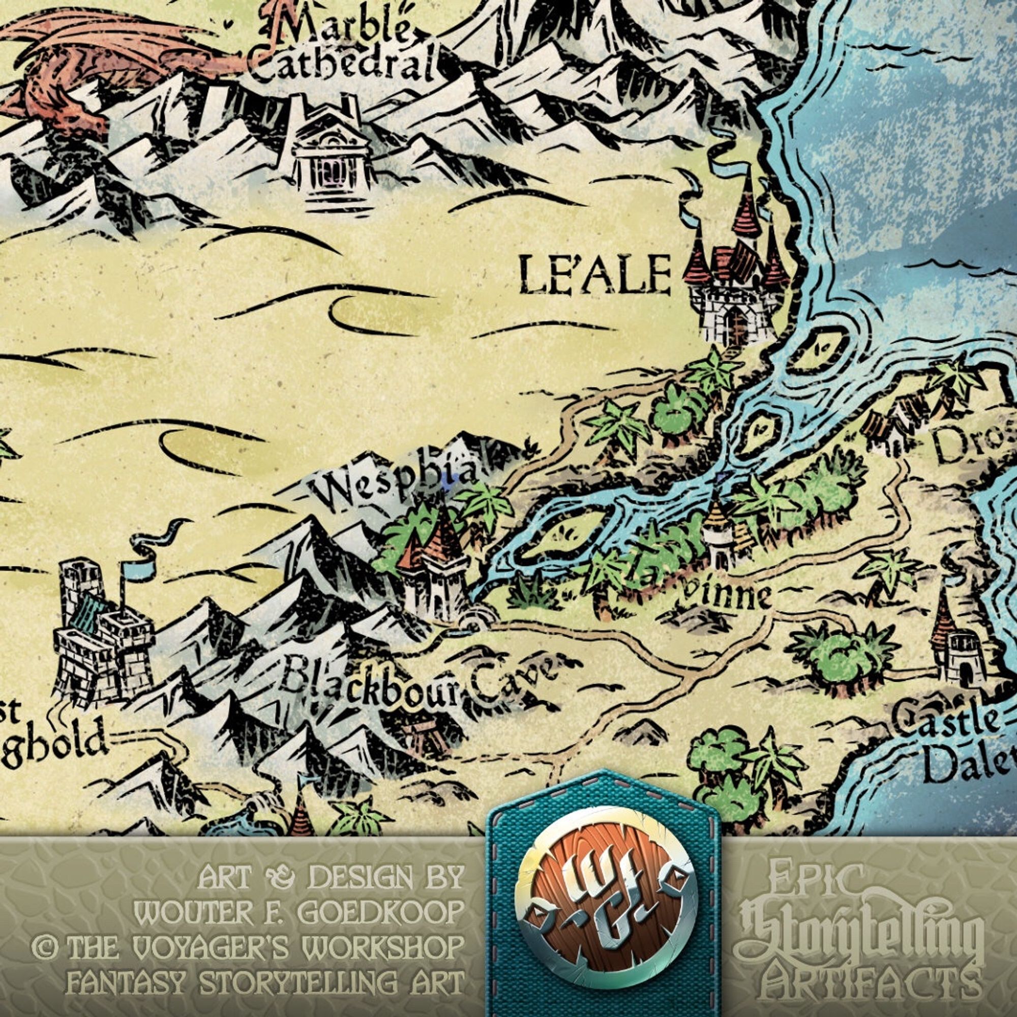 Closeup of a fantasy map for a home brew TTRPG campaign.