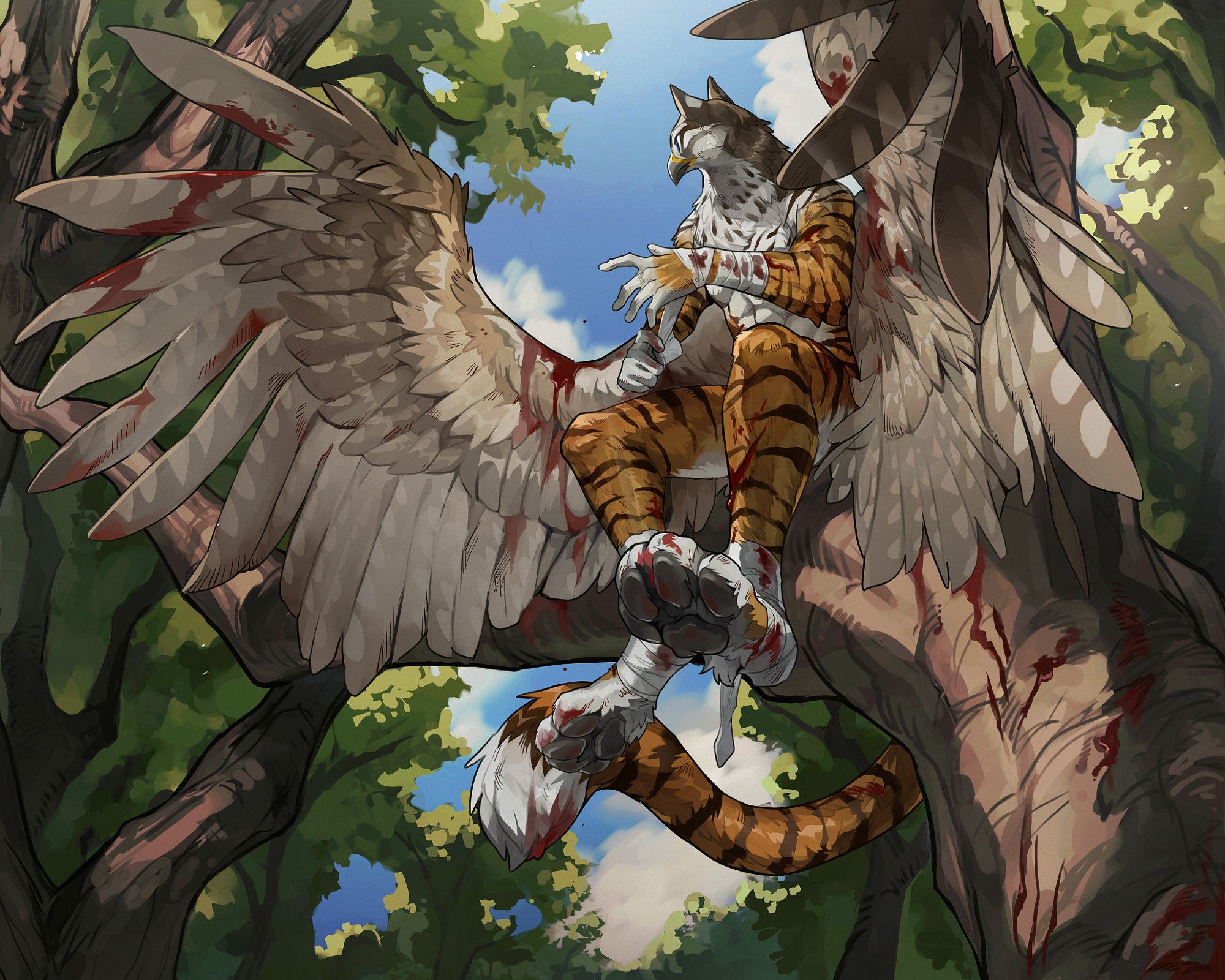 Streifi - a male anthro tigergryphon - is sitting in a tree after a fierce fight. The hybrid is tending to his wounds while keeping an eye in the direction he fended off the attackers.