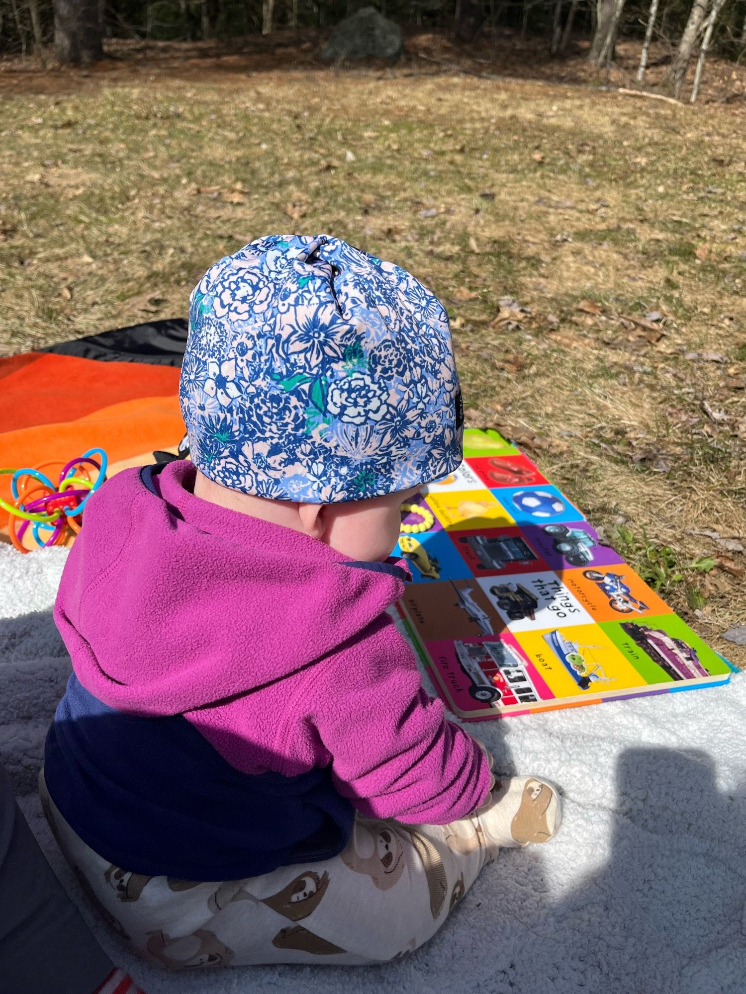 Baby sitting on a blanket with a board book that has words and colors. The sun is shining. Baby has on a blue flower hat, purple fleece, and onesie with sloths on it.