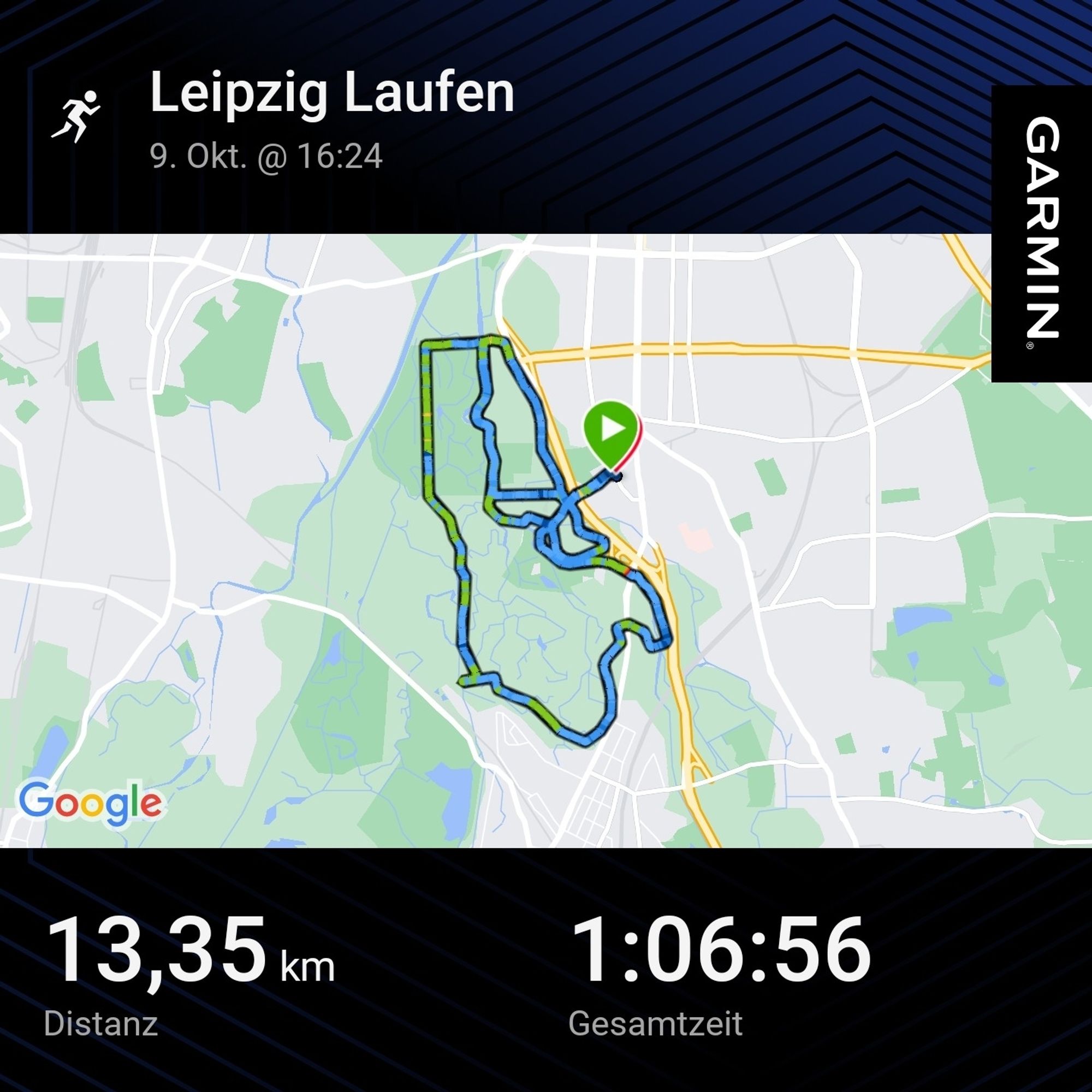 GPS Tracking der heutigen Laufstrecke im Leipziger Auwald von 13.35 km in 1:06:56.