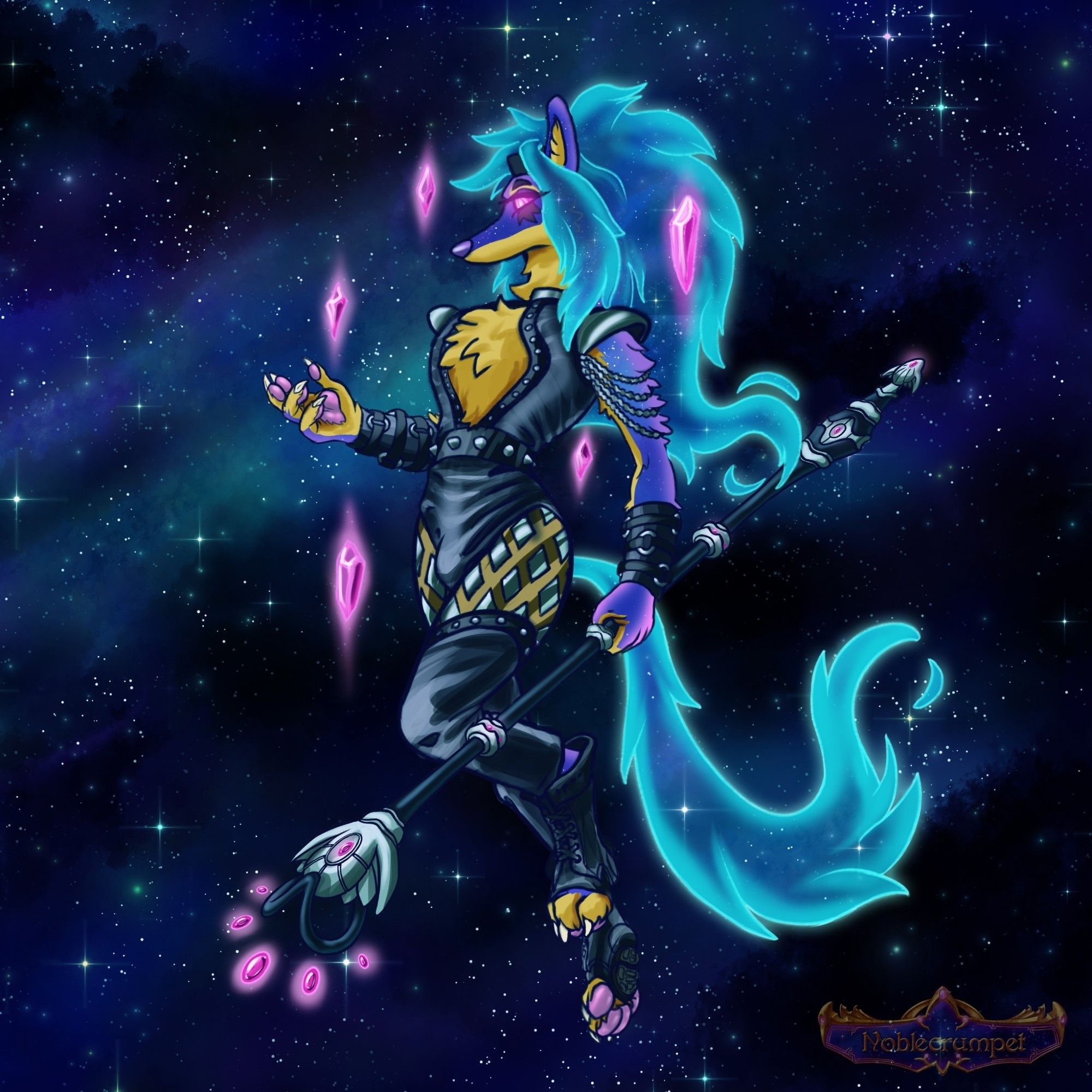 an anthro canine with purple and yellow fur, and flowing glowing blue hair. Thry hold a staff and wear glam metal garb. Pink gems orbit their body as they float through space.