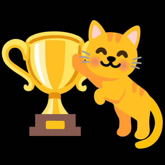 An orange cat standing up, leaning against a trophy with one paw. It is smiling with blush on its face. 