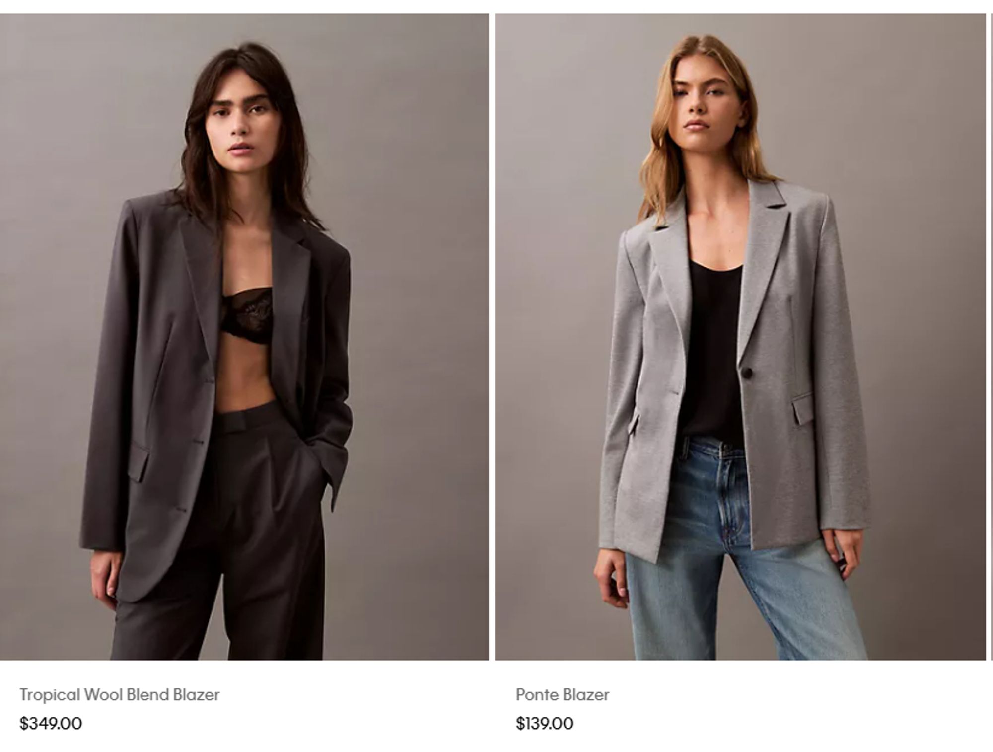 A screencap of two blazers from Calvin Klein. The one on the left is paired with some pretty nice pleated pants, and bafflingly, a bandeau of black lace. The one on the right is a grey ponte and looks ok, if you want to look like you stole it from your boyfriend.