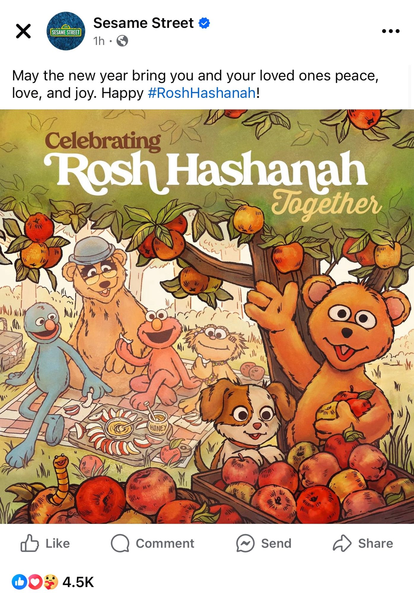 Sesame Street
SESAME STREET
1h・
May the new year bring you and your loved ones peace, love, and joy. Happy #RoshHashanah!
Celebrating
Rosh Hashanah
Together
Like
Comment
Send
Share
4.5K