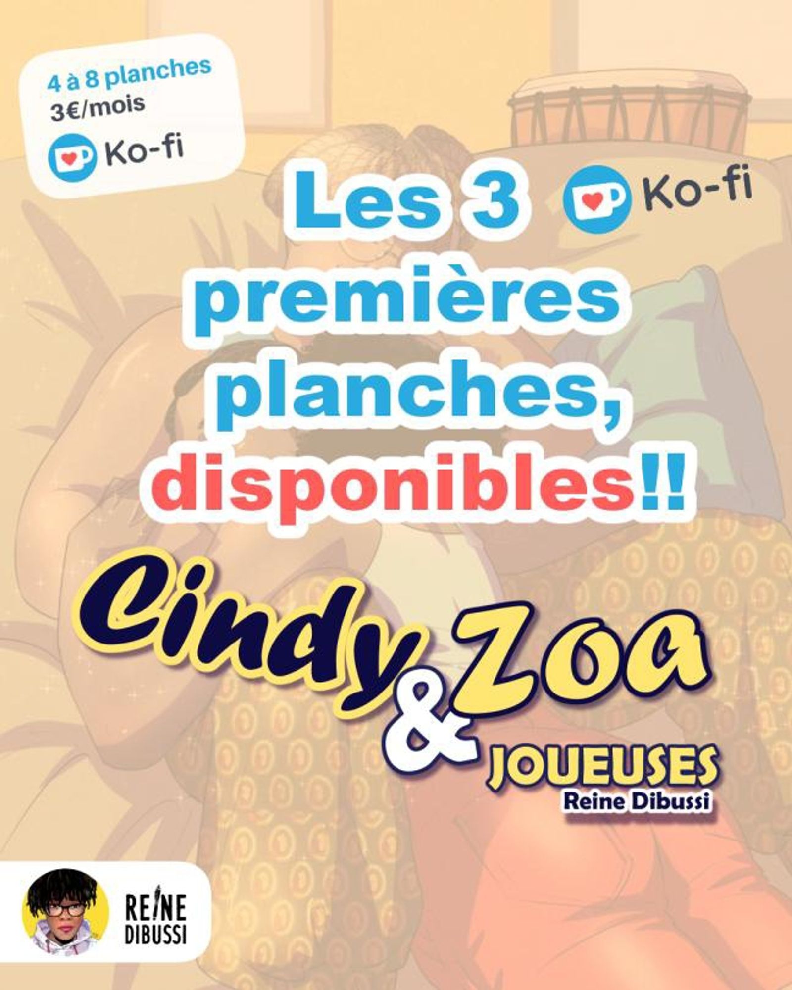 Les 3 premières planches disponibles sur Ko-fi. Abonnement à 3€/mois pour 1 à 2 planches par semaine.