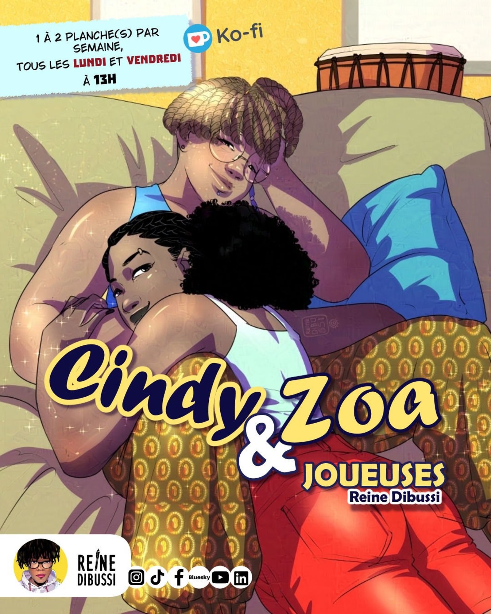 Couverture de la BD Cindy et Zoa, Joueuses par Reine Dibussi. Deux jeunes femmes noires sont allongées sur un canapé. L'une, à la peau claire a des vanilles marron et l'autre des nattes brunes avec un chignon afro.