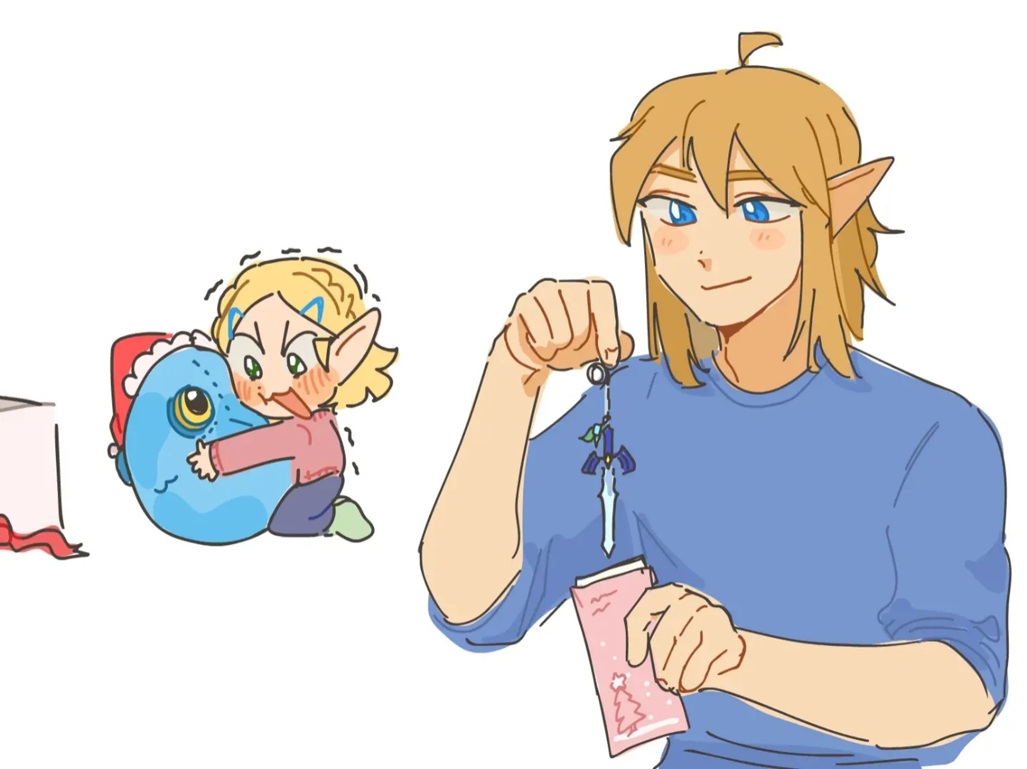 zelda and link opening their christmas gifts. link gets a little master sword keychain and zelda gets a giant chuchu plush