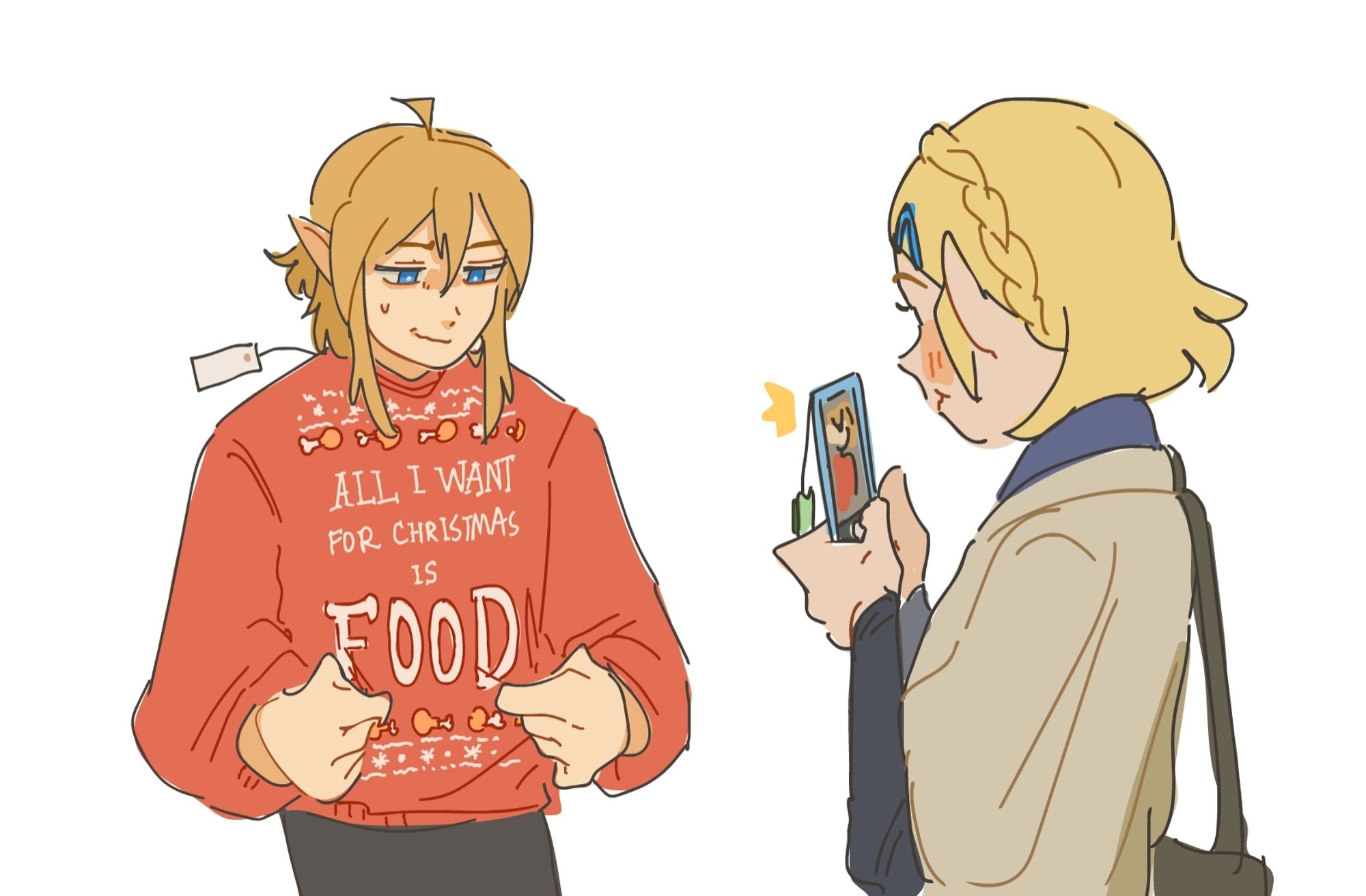 zelda taking a photo of link with a christmas sweater on. the sweater says: "ALL I WANT FOR CHRISTMAS IS FOOD"