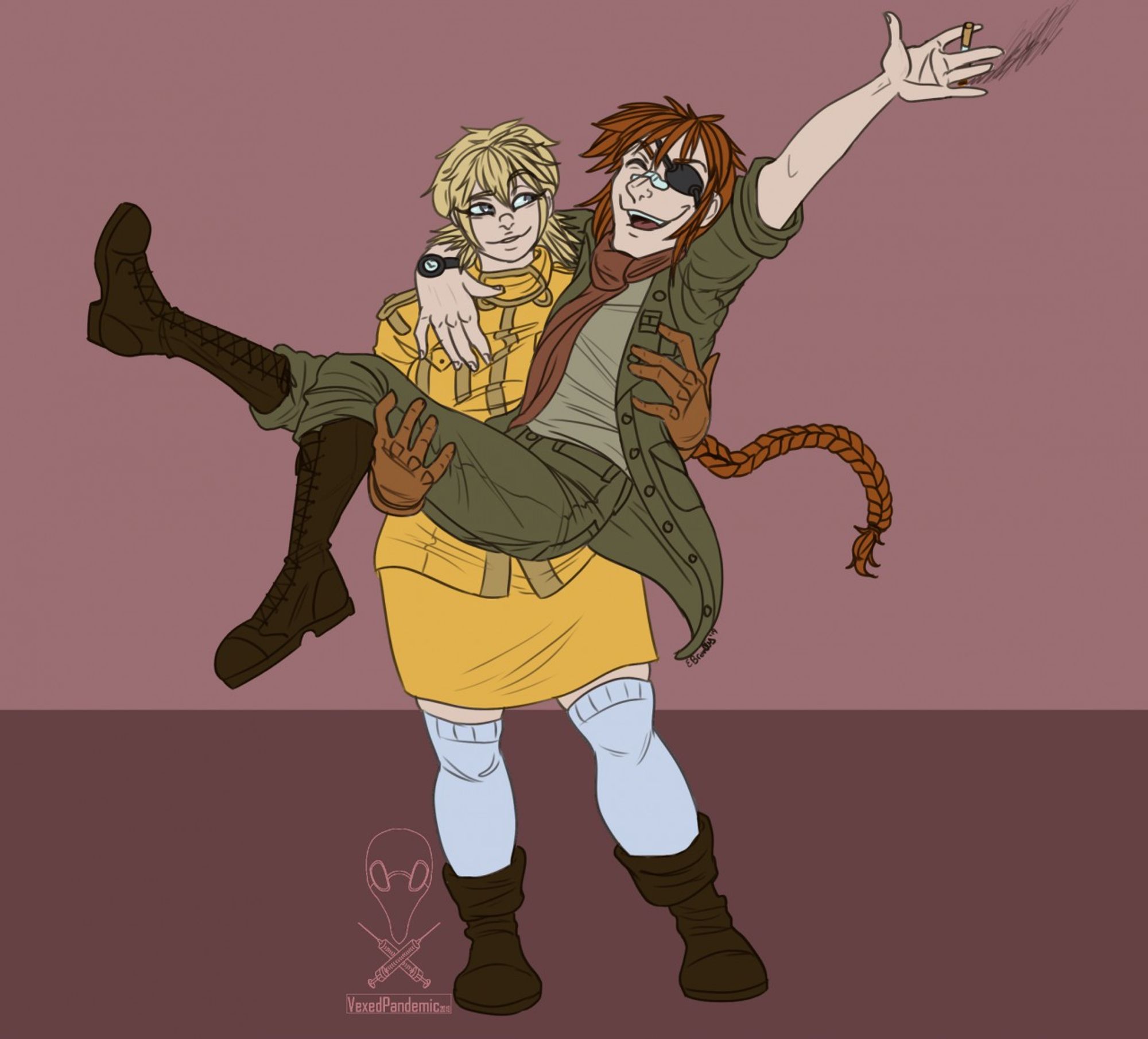 Seras Victoria from Hellsing holding up Pip Bernadotte in her arms with a smirk while he laughs and kicks out his arms and legs with a huge grin