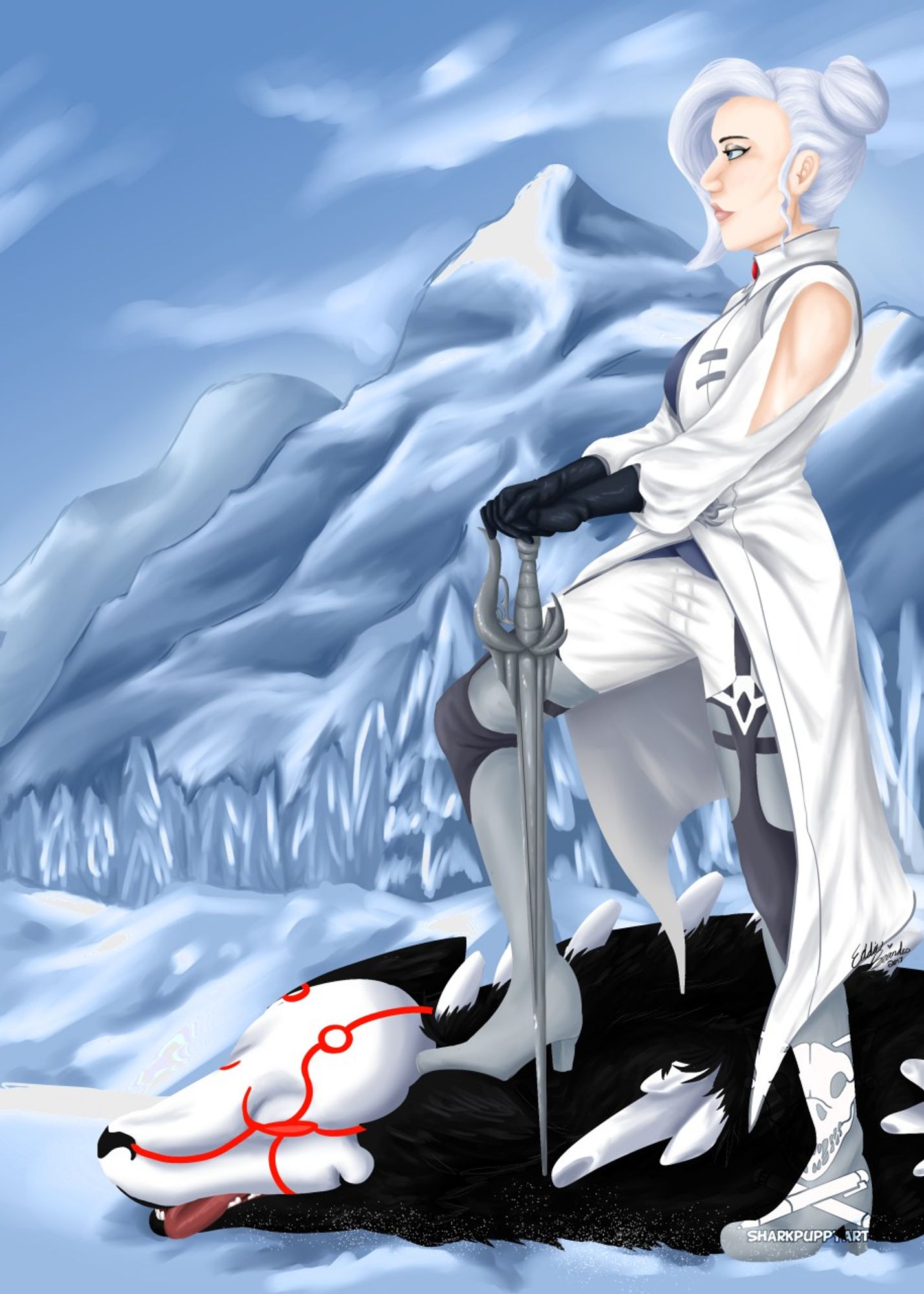 winter schnee in the style of a traditional painting, standing with her weapon stabbed into a dying beowolf