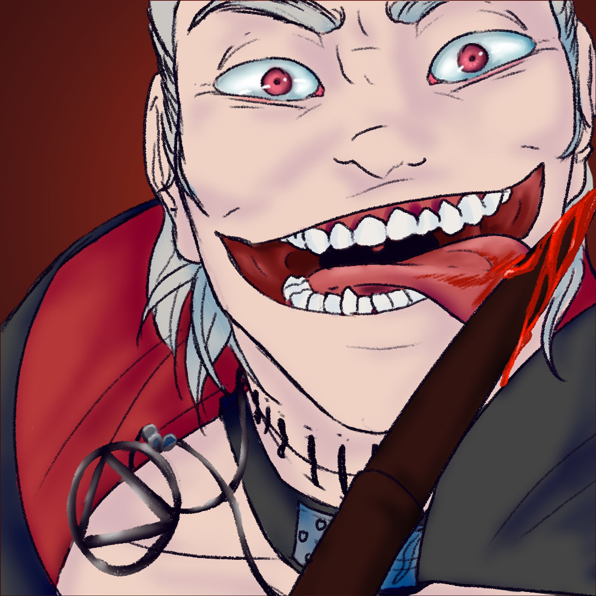 a close up icon of hidan from naruto with a huge grin licking blood off his pike.