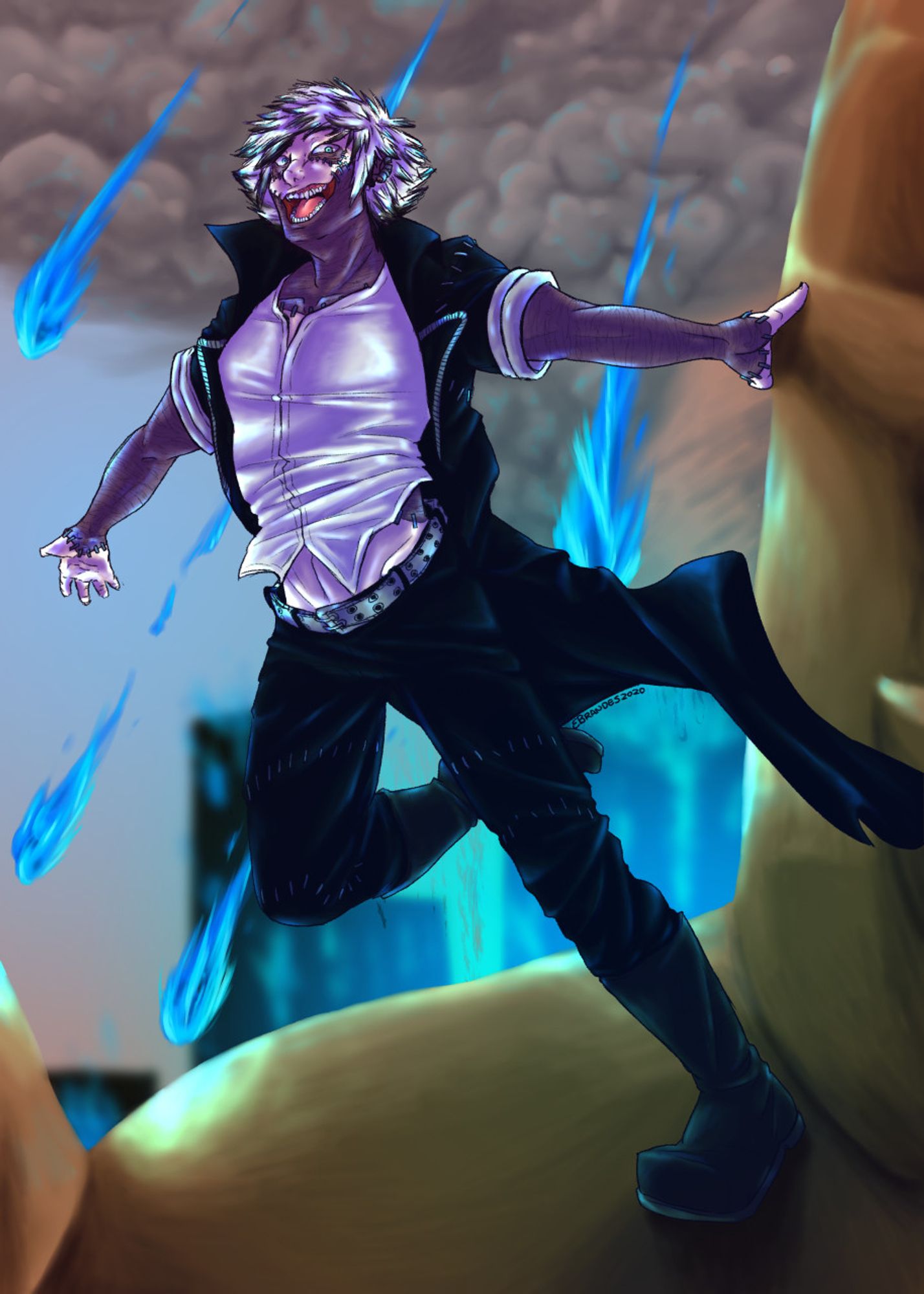 a redrawing of the part of the my hero academia manga called Dabi's Dance where Dabi reveals himself as Touya Todoroki. He is dancing on the back of Gigantomachia while it rains blue fire in the background.