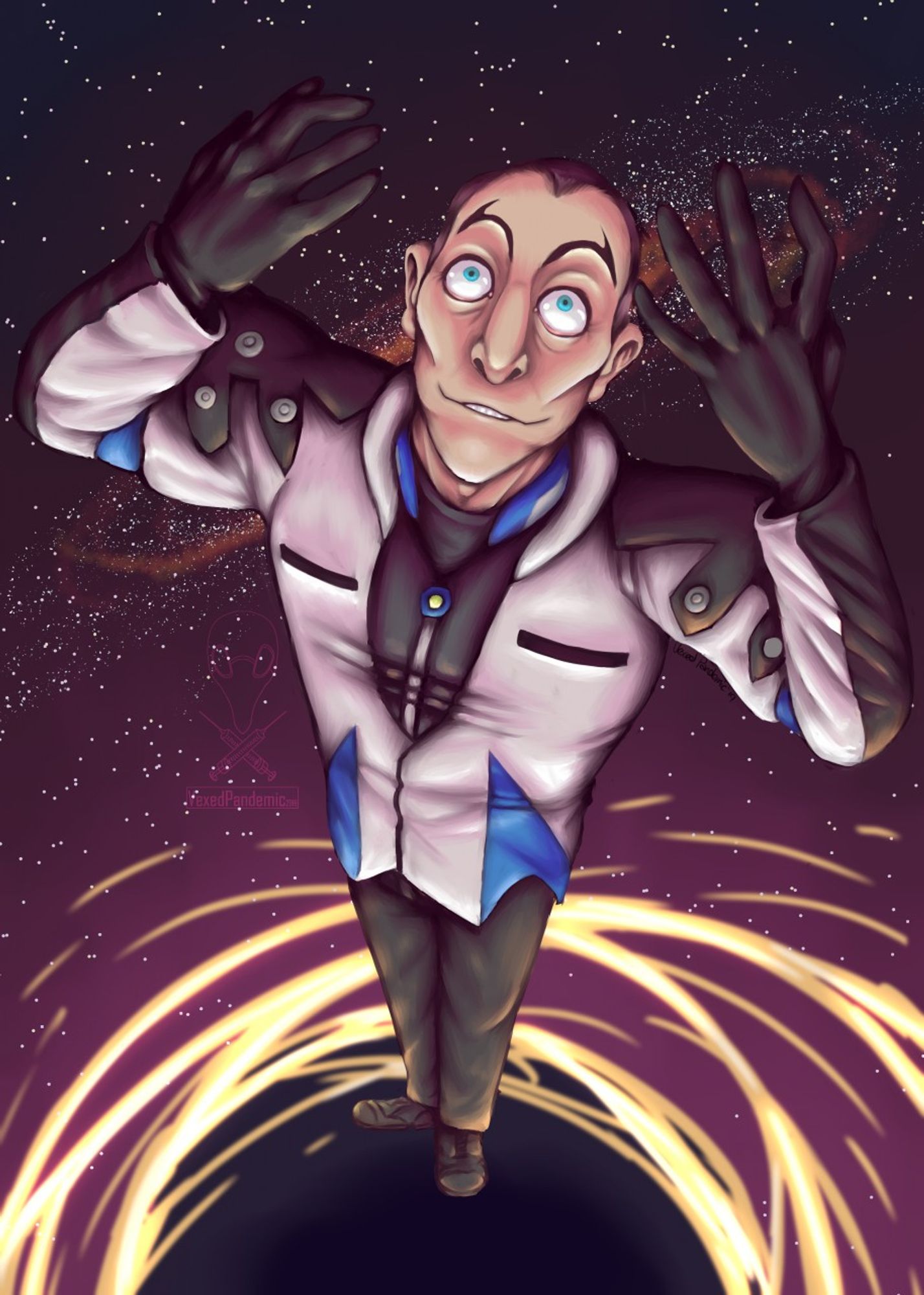 a point of view shot looking down at an angle at Siebren DeKupier aka sigma from overwatch as he stands against the background of space, seeming to have one of his less lucid moments.