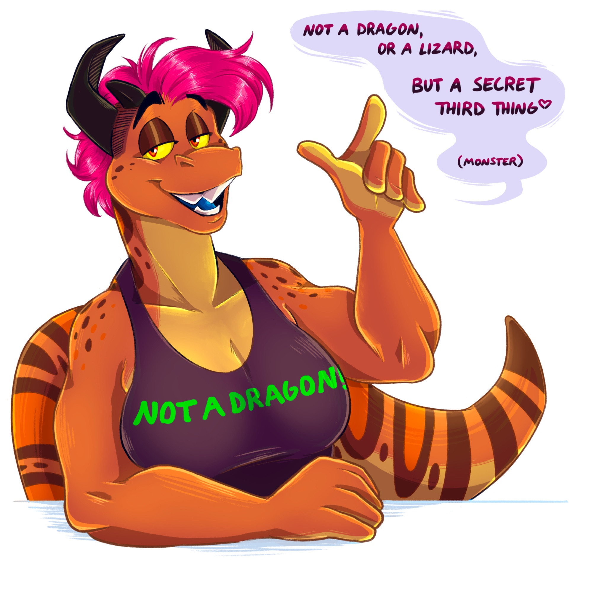 Ardent leans on a table or something, unclear. She casually looks at the viewer with one hand pointing in the air. Her shirt says “NOT A DRAGON” printed in the front. Dialog reads “not a dragon, or a lizard. But a secret third thing <3 (Monster)”