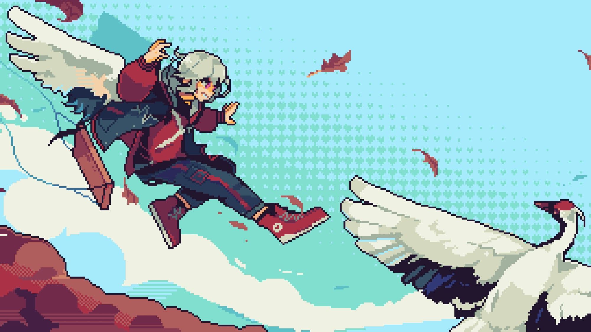 Pixel Art illustration of Tokumei jumping off a swing into the sky with his pet crane flying alongside him, leaves flying in the background.