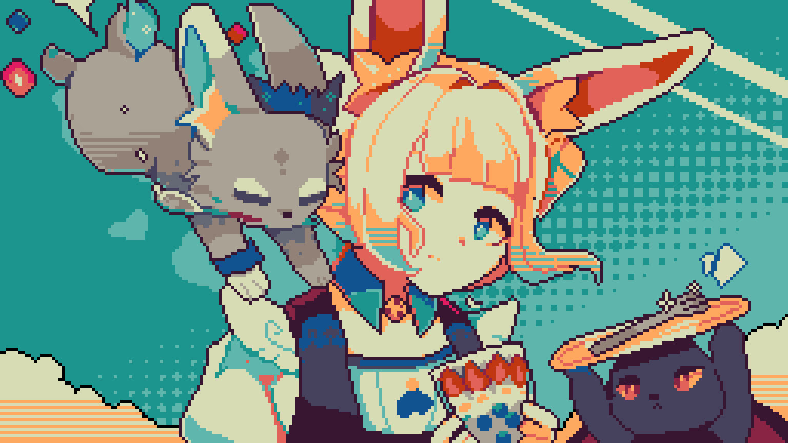 Anime waist-up pixel art of the bunny baker, Rei standing perplexed in the middle of the frame, holding a parfait. To their left is one of their rabbit helpers, Akihiko jumping down, a spoon in his mouth. 

To Rei's right is Hayami their second rabbit helper, offering a fork on a plate, both of their helpers are fighting over their approval.

Originally done for the pixel daily 'calcium'