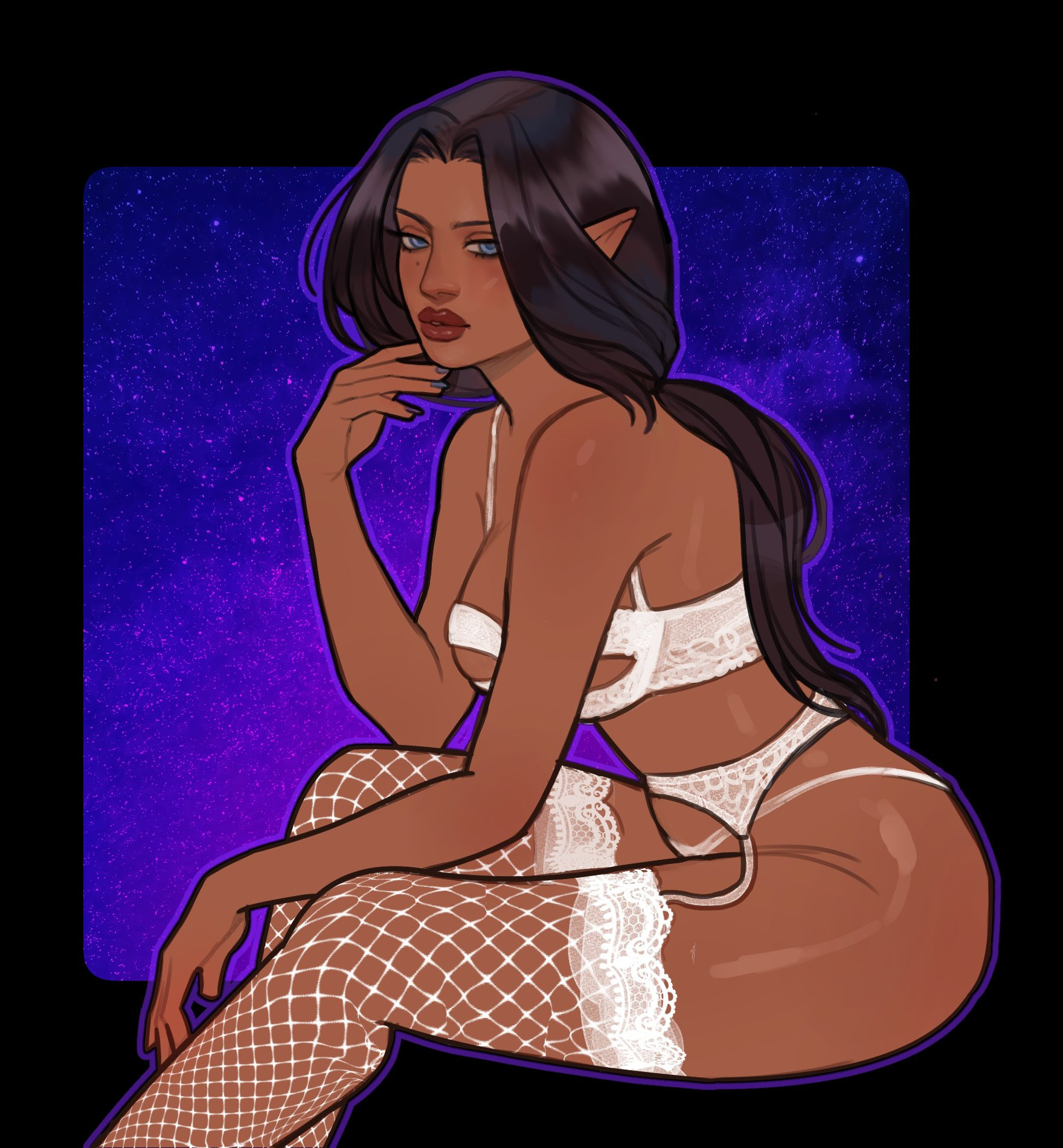 a digital render by gwenervi on twitter of a brown skinned female elf. She has long black hair. She is in a sitting and thinking pose and wearing white lingerie with fishnet stockings.
