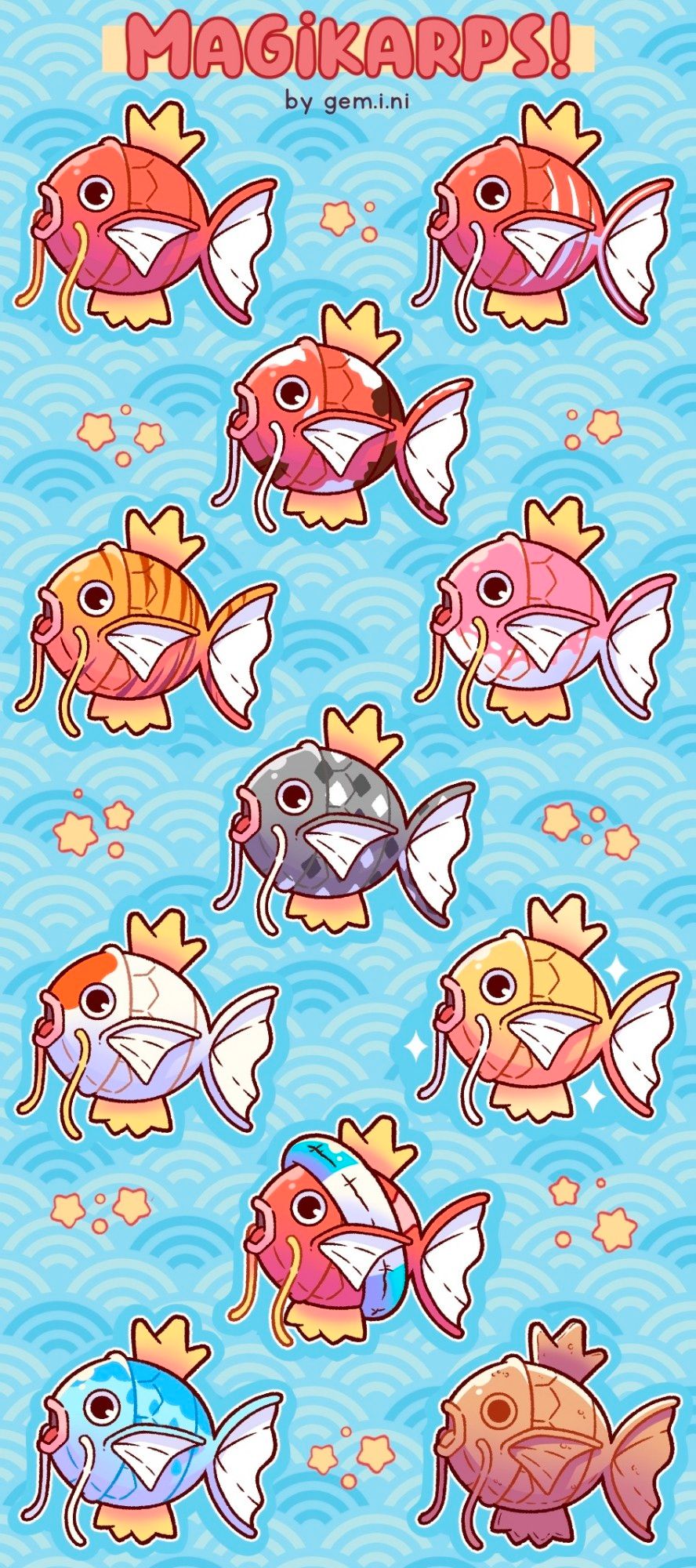 Ilustração com diversas versões do Pokémon Magikarp.