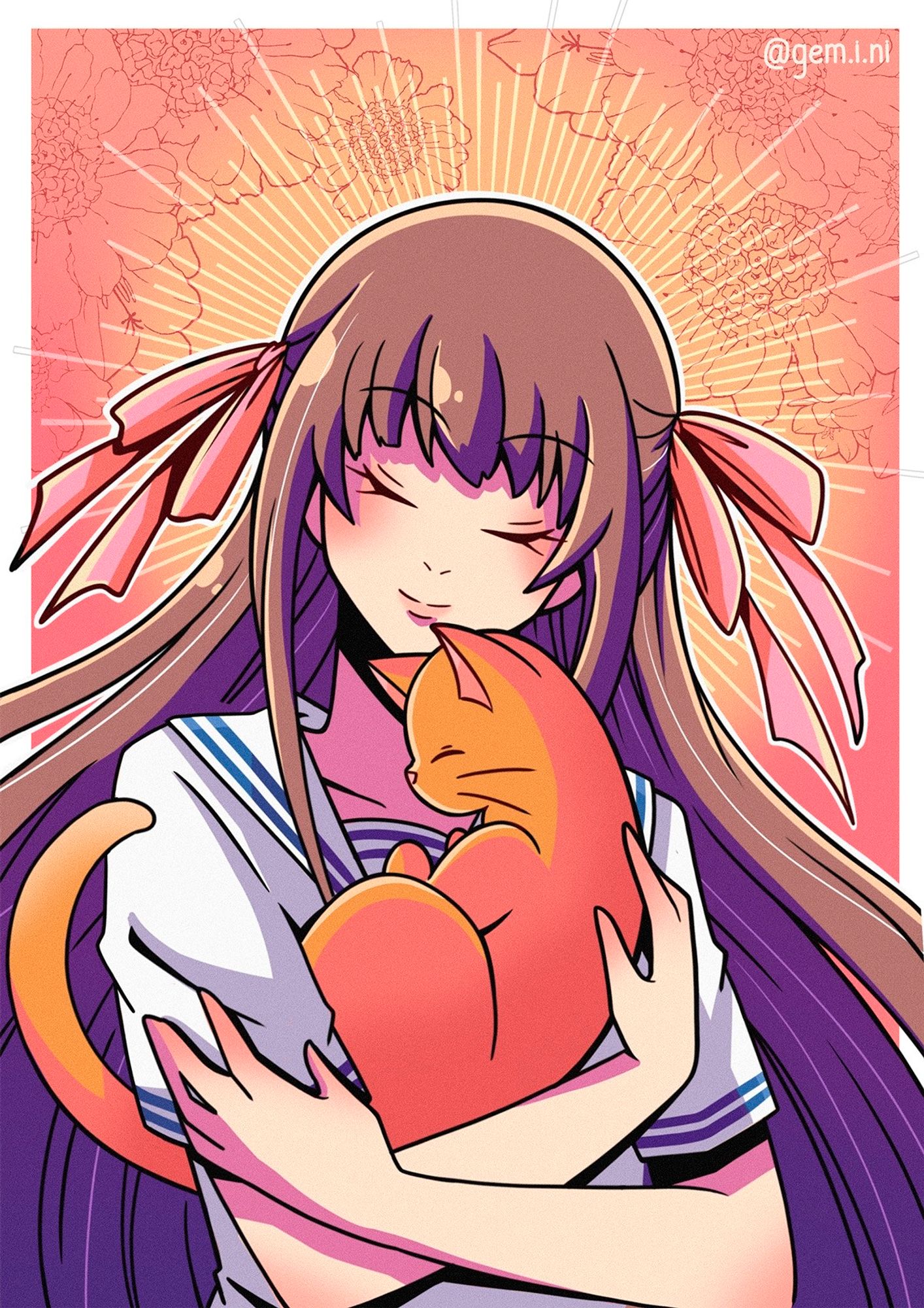 Fanart dos personagens Tohru e Kyo, do anime Fruits Basket.