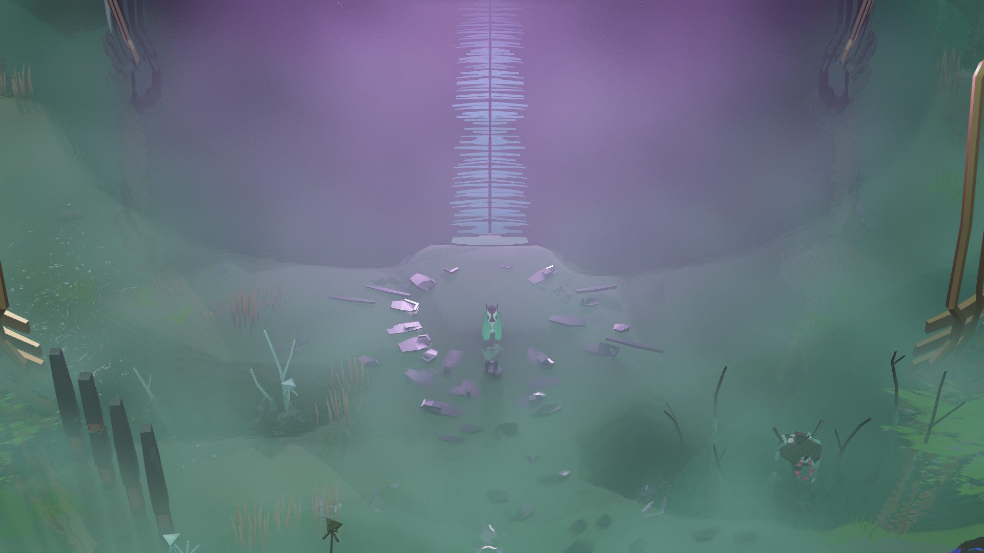 Screenshot from Cocoon. A bug is in the middle of plain. In front of him is a bridge leading to a violet and foggy destination.