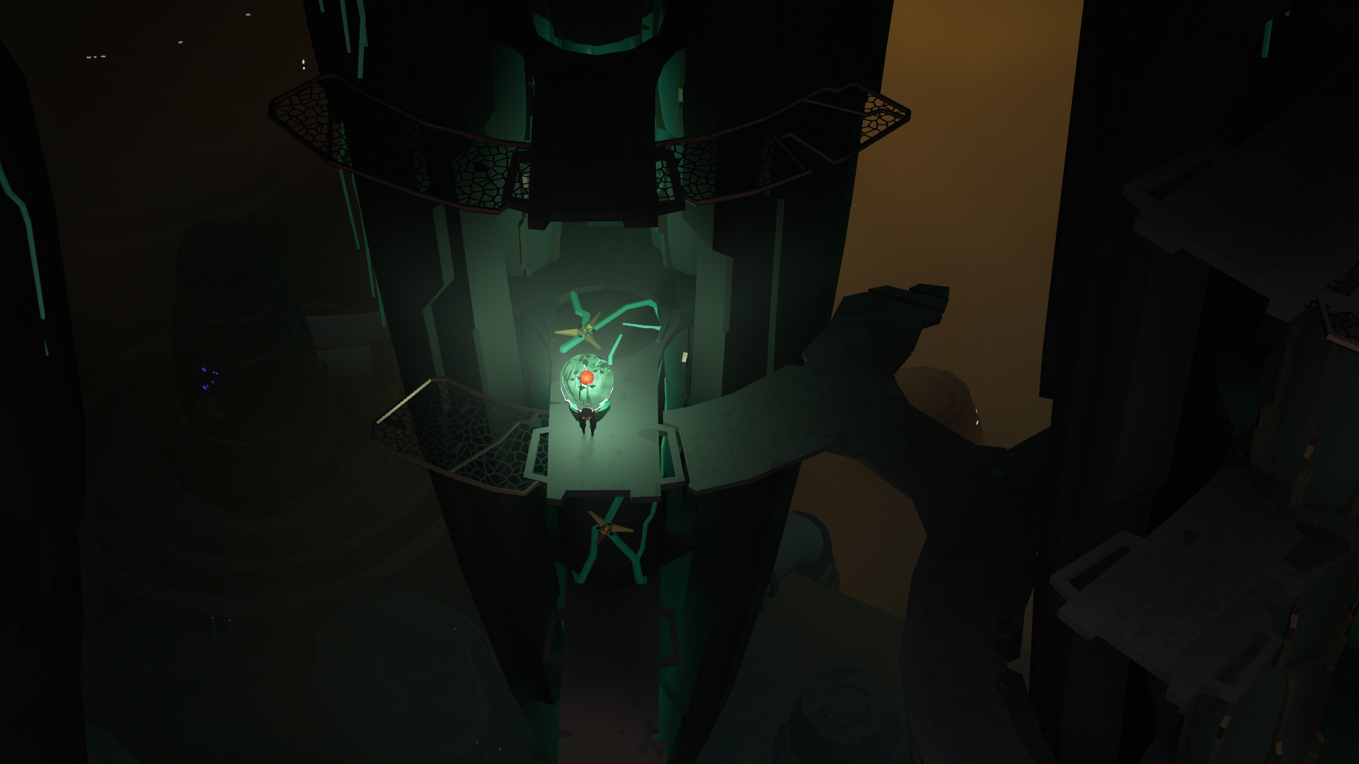 Screenshot from Cocoon. A bug is on a bridge and carry on his back a green sphere. The only light source come from the sphere. The rest of the surroundings are dark.