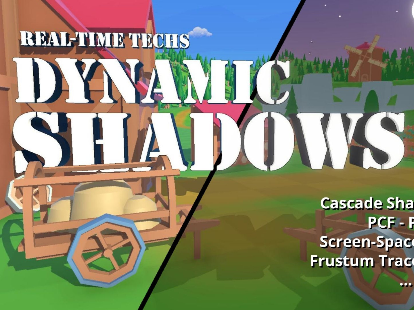 Header of the article "Dynamic Shadows - Real-Time Techs".
It shows a simple landscape, with half in a day and the other half in the night. The title is a huge 3D text.