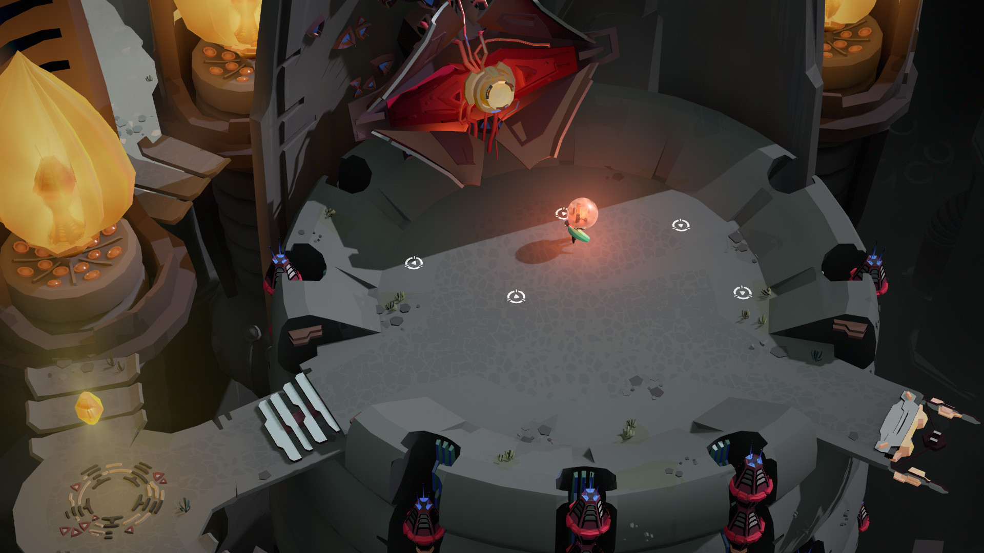 Screenshot from Cocoon. A bug carry carry on his back an orange sphere. It just completed a puzzle. Its reward, a yellow floating orb, is waiting it to interact with.