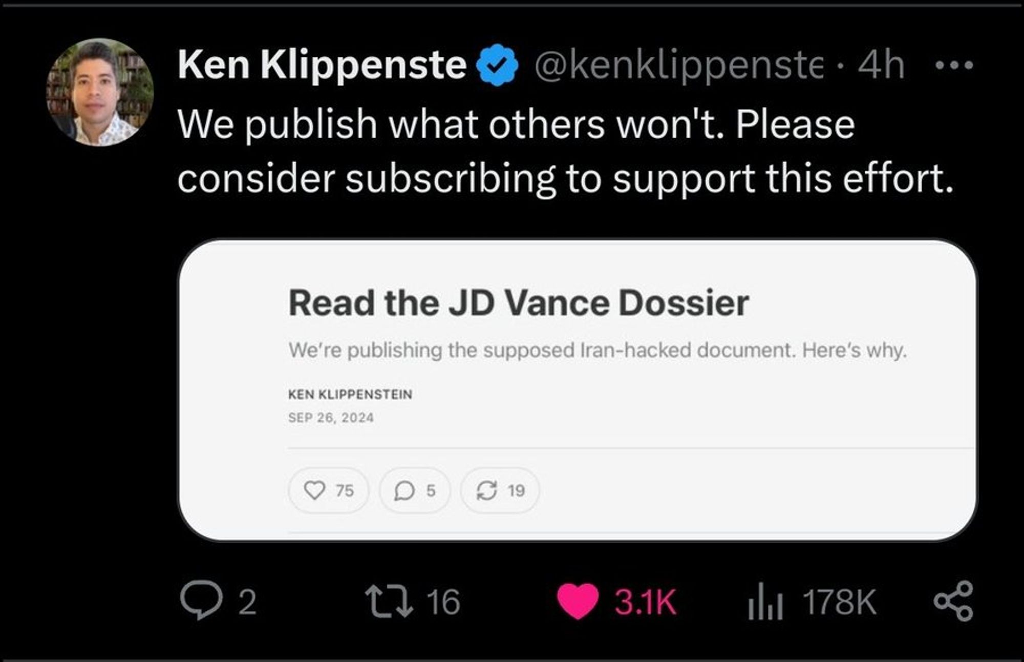 ken's tweet linking to his release of the jd vance dossier on my timeline several hours after he was banned