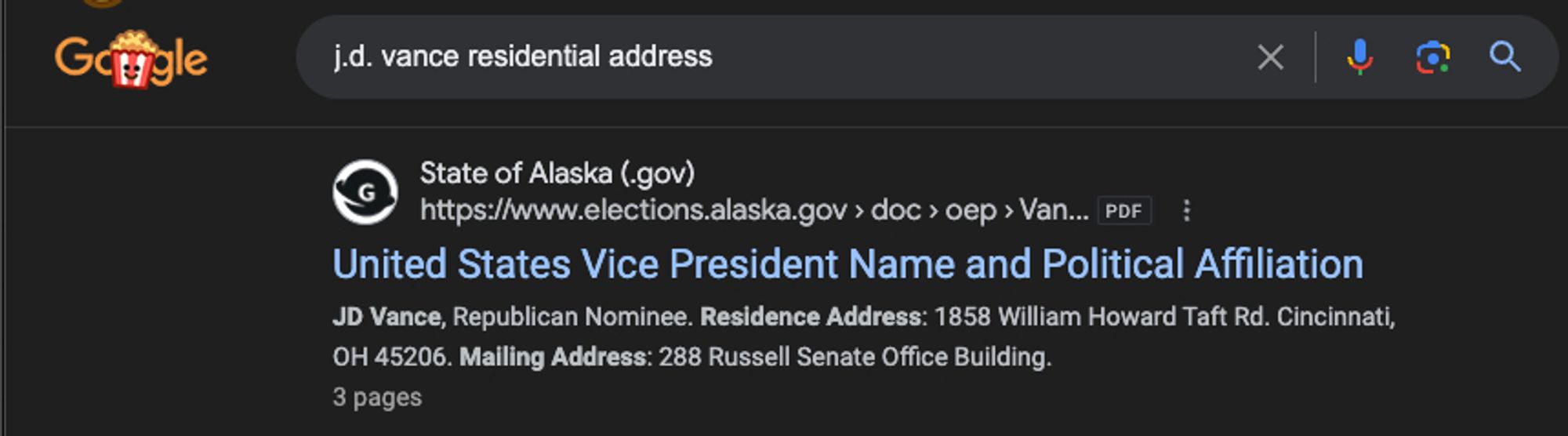 google search for "j.d. vance residential address" with a preview from the elections.alaska.gov website with his full unredacted addressd