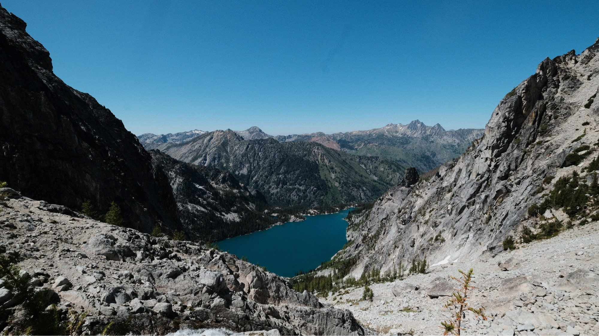 View of Colchuk lake from the top of Asgard pass