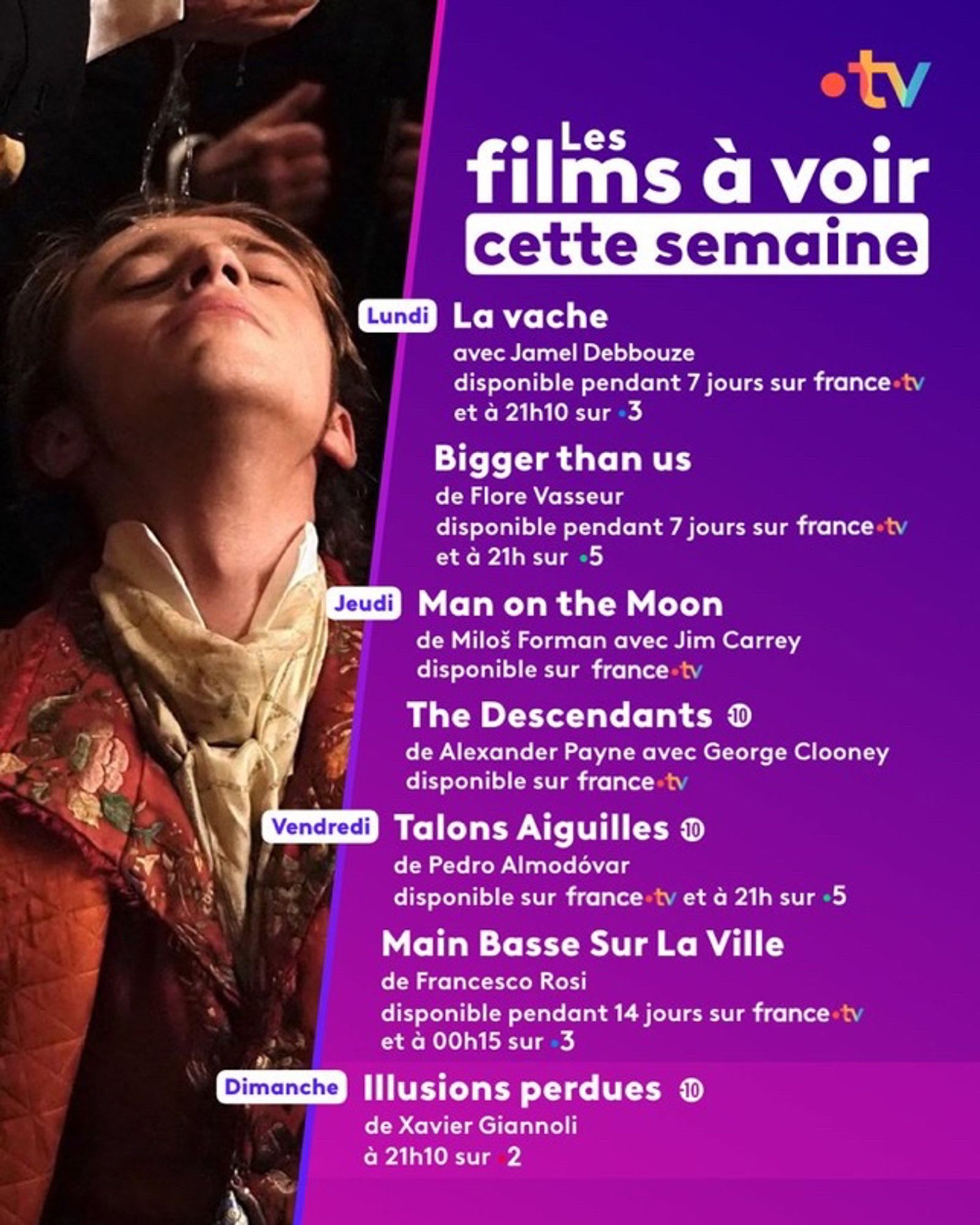 Programme cinéma de France Télévisions cette semaine