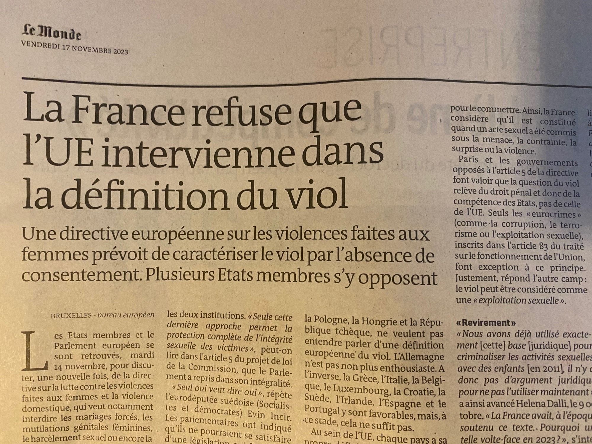 La france refusé que l’UE intervienne dans la définition du viol. Article du monde du 17 novembre 2023