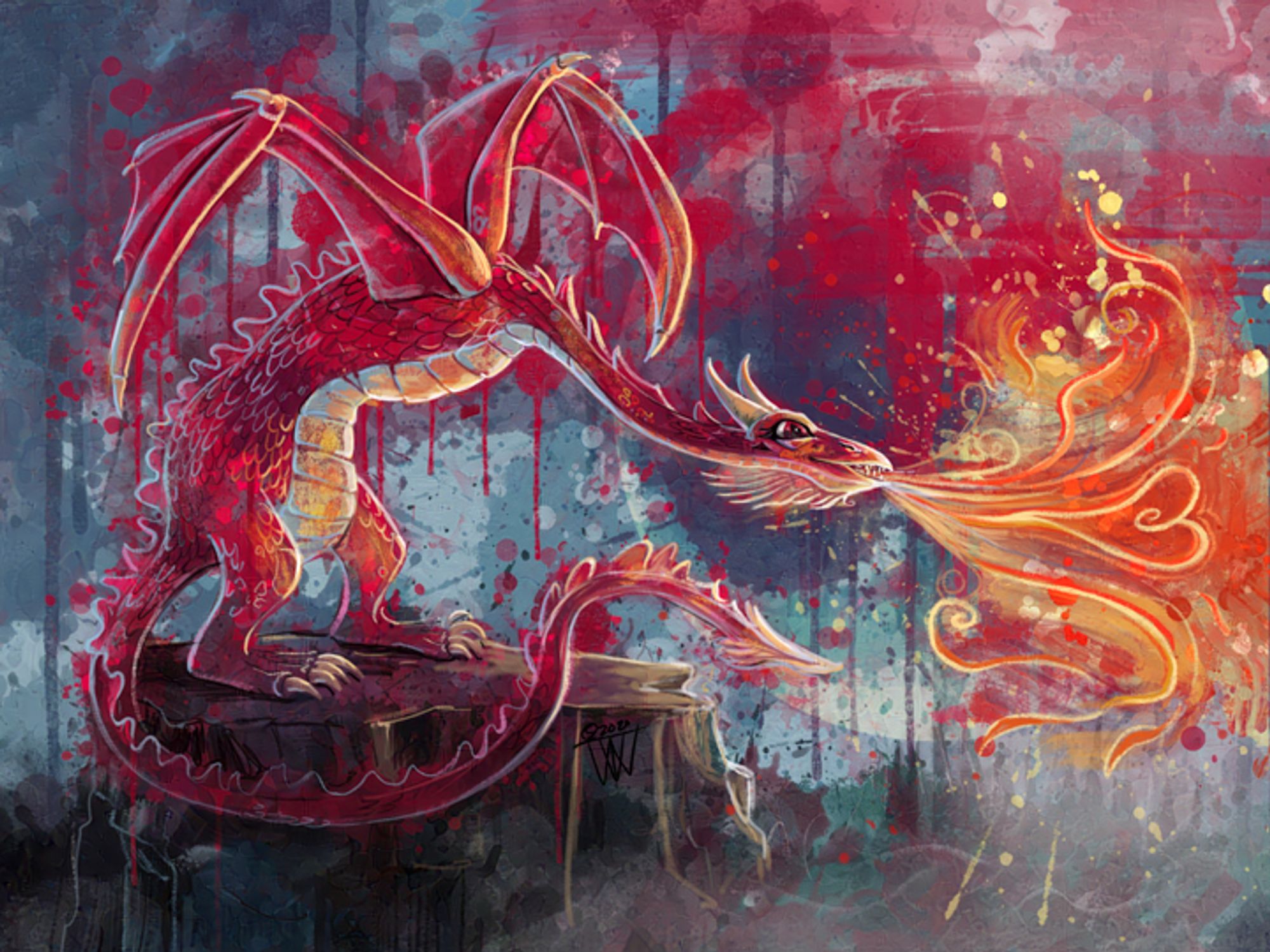 Dramatic splatter painting of a red dragon standing on a cliff breathing fire with a heart in the midst of the flames against a stormy dark blue sky.