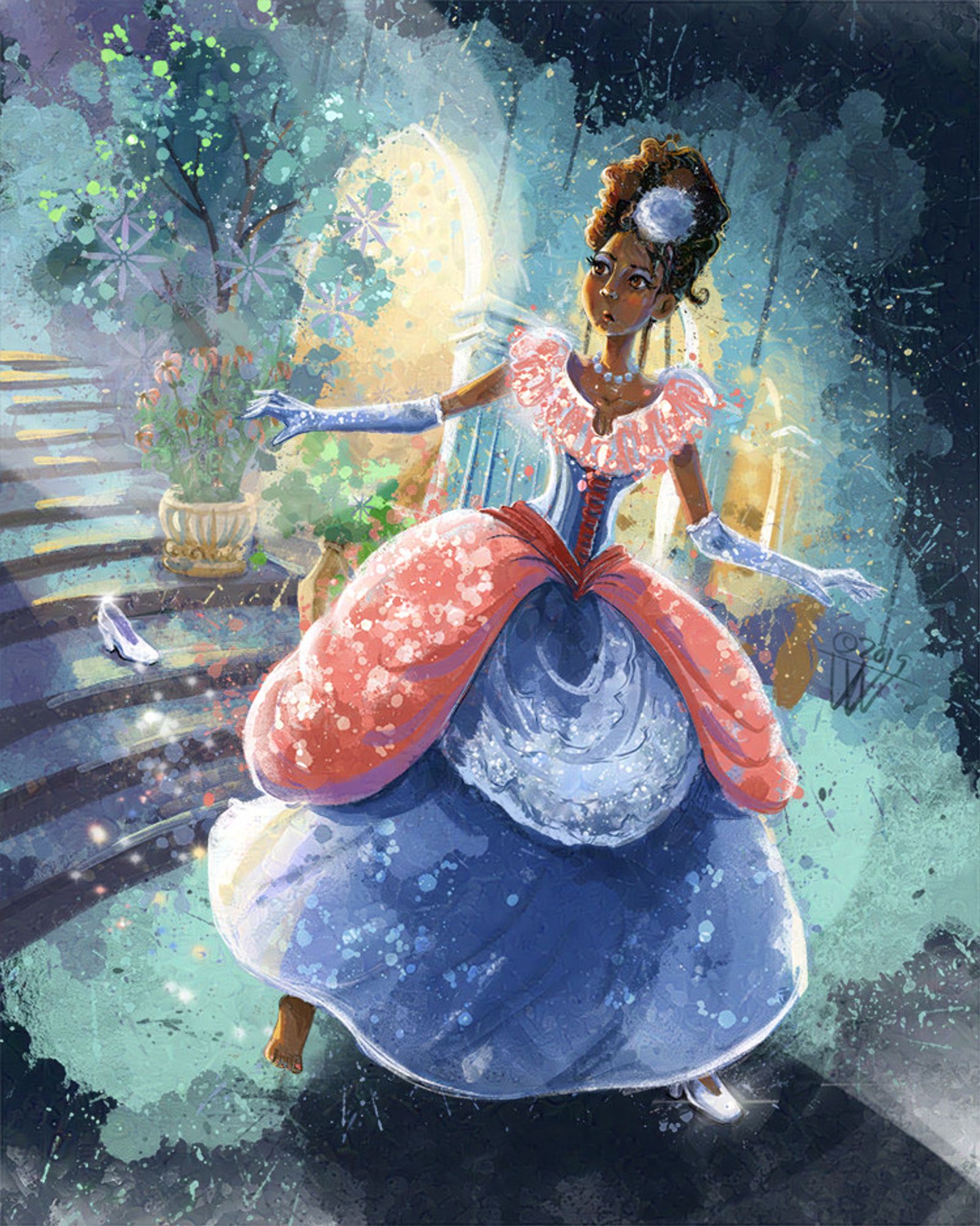 A painting in a splattery style of a diverse Cinderella running from the ball in her beautiful blue and pink gown, only she has lost one of her crystal slippers on the stairs behind her.