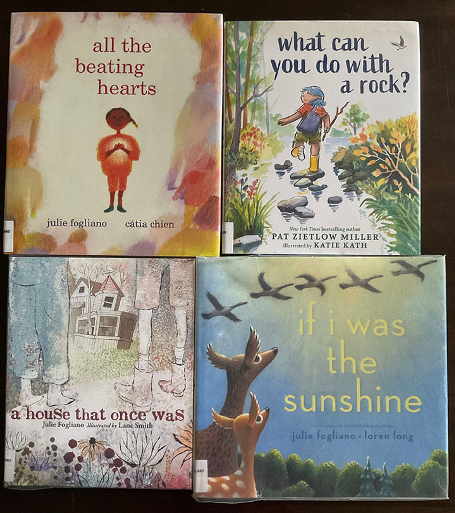 Four picture books from the library: all the beating hearts by julia fogliano and catia chien; what can you do with a rock? by pat zietlow miller and katie kath; a house that once was by julie fogliano and lane smith, and if i was the sunshine by julie fogliano and loren long.