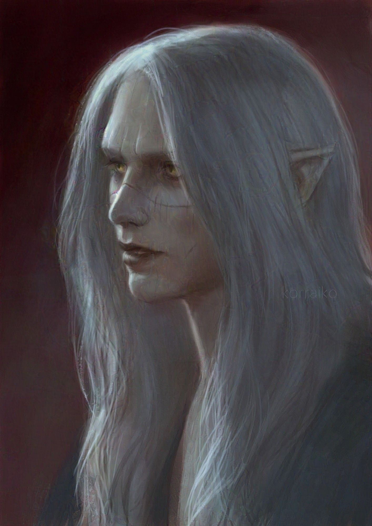 Digital portrait of a white male elf with loose long blonde hair, and golden eyes. His face is scarred from horizontal lines. The face is three-quarter view, with his gaze directed forward