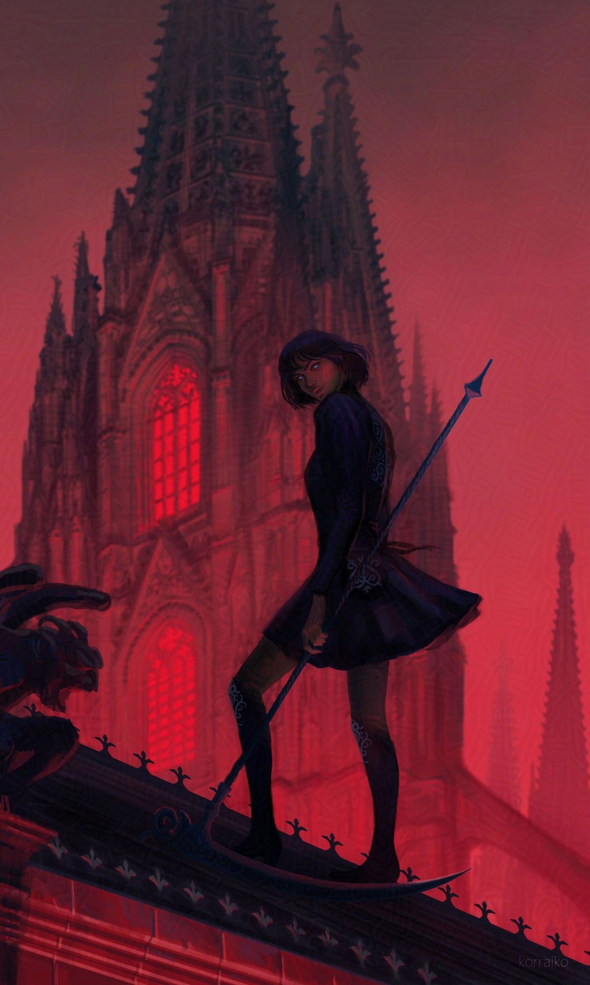 A woman stands on a roof, she stands with her back to the viewer, but her head and gaze are turned towards the viewer. She is wearing a dark dress, holding a scythe in her left hand. A tall Gothic-style tower is depicted in the background. The lighting and sky are red in color.