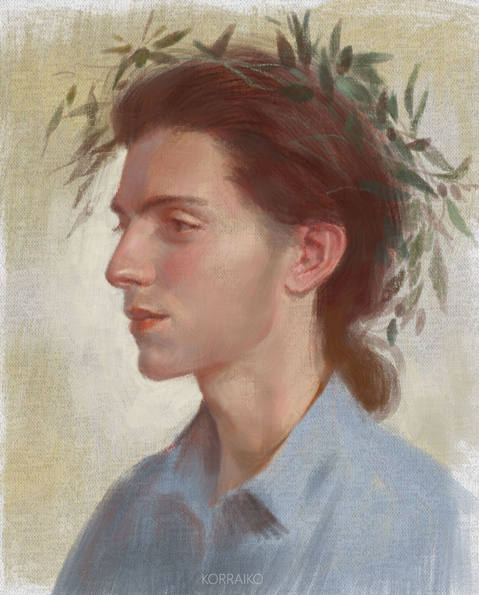 Portrait of a man, profile view. He has fair skin, brown hair, and is wearing a blue shirt with a collar. On his head is a wreath of olive wood