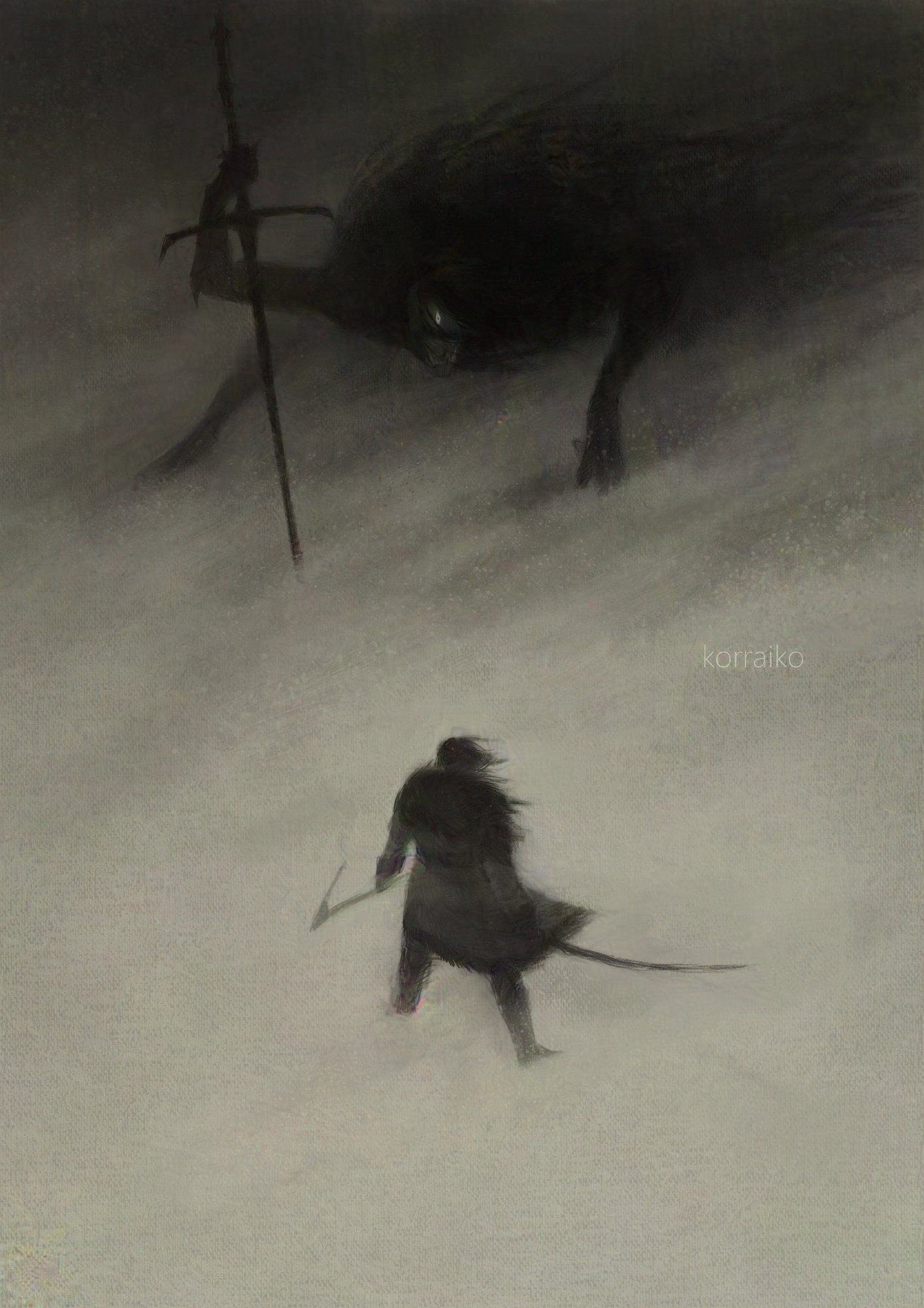 A warrior with a sword and pickaxe stands opposite a huge warrior with a large sword. The scene takes place in a frosty wasteland 