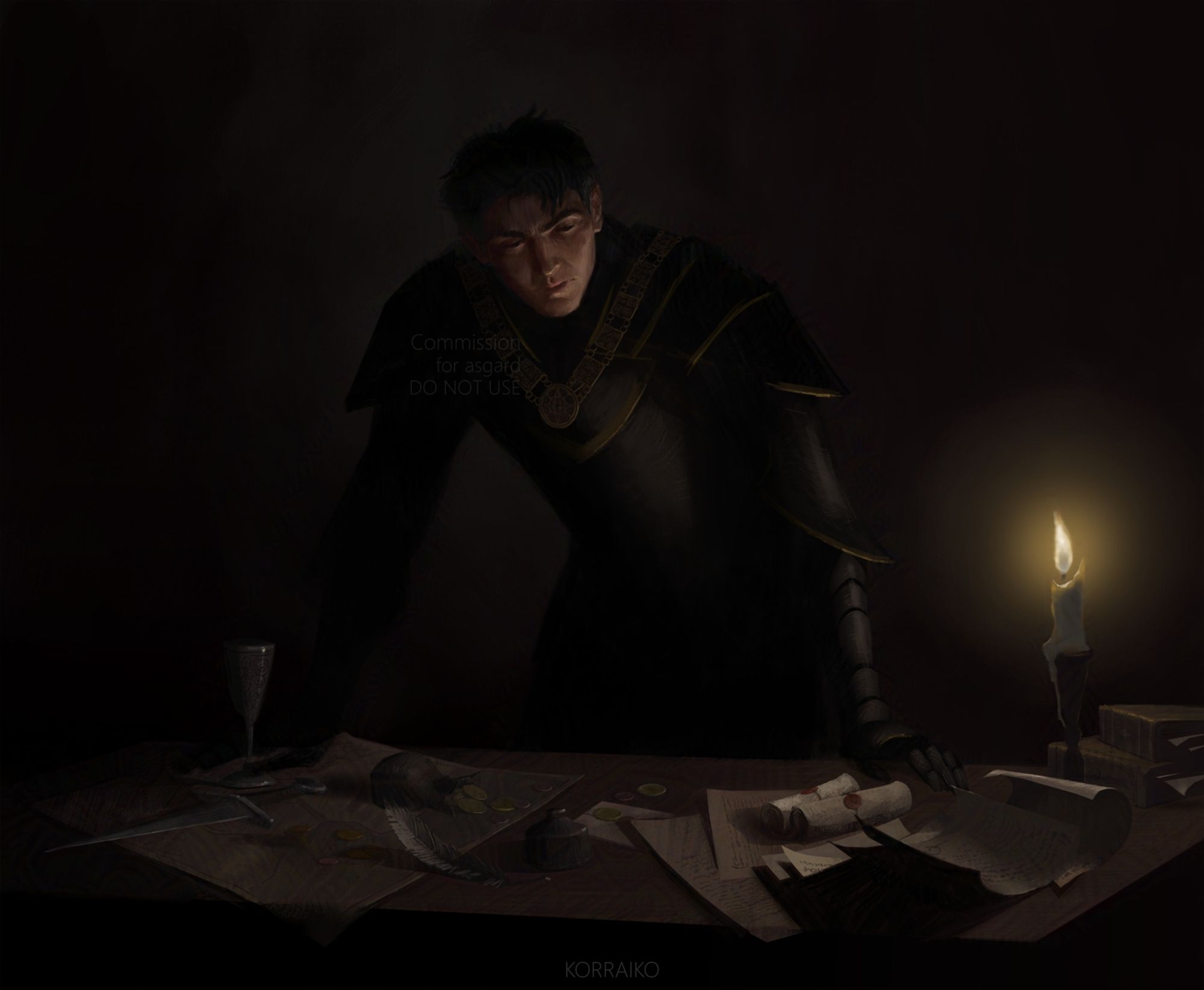 Illustration. A man is leaning on a desk. The man is wearing black armor. He is looking at the right edge of the desk, which is littered with many scrolls and letters