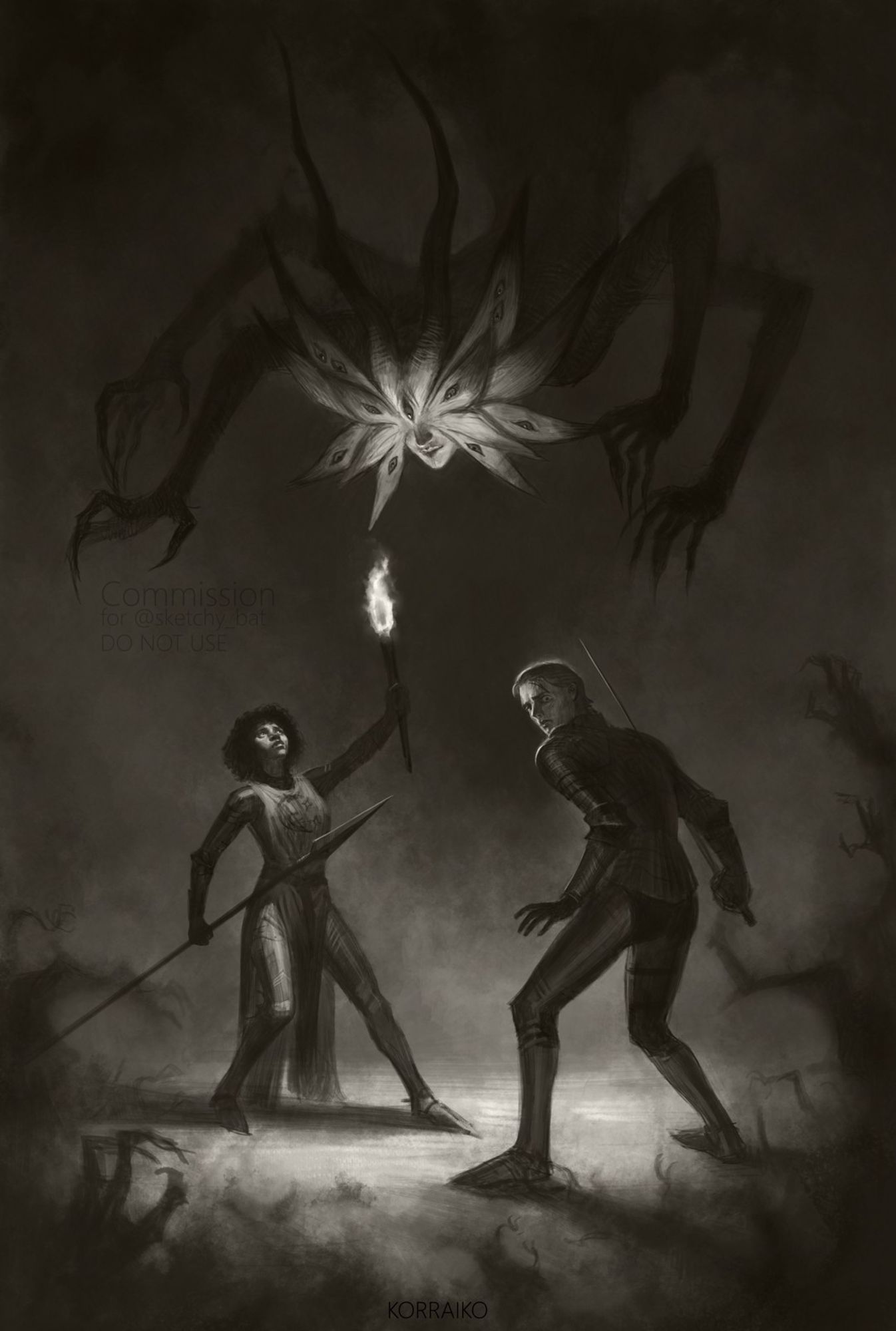 A woman and a man dressed in armor are standing in a dark space, dark smoke is shrouded around them, from the dark smoke come out forms similar to hands. At the top of the picture, a large human-like figure is hovering over the woman and man, with sharp horns on its head, many wings growing out of its face, each wing has eyes, and it has four arms. The face of the woman and the man shows fear.